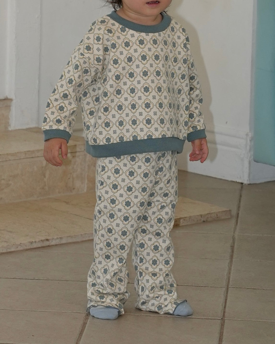 Vintage Tile Pattern Long Pants【110502】 (blue)