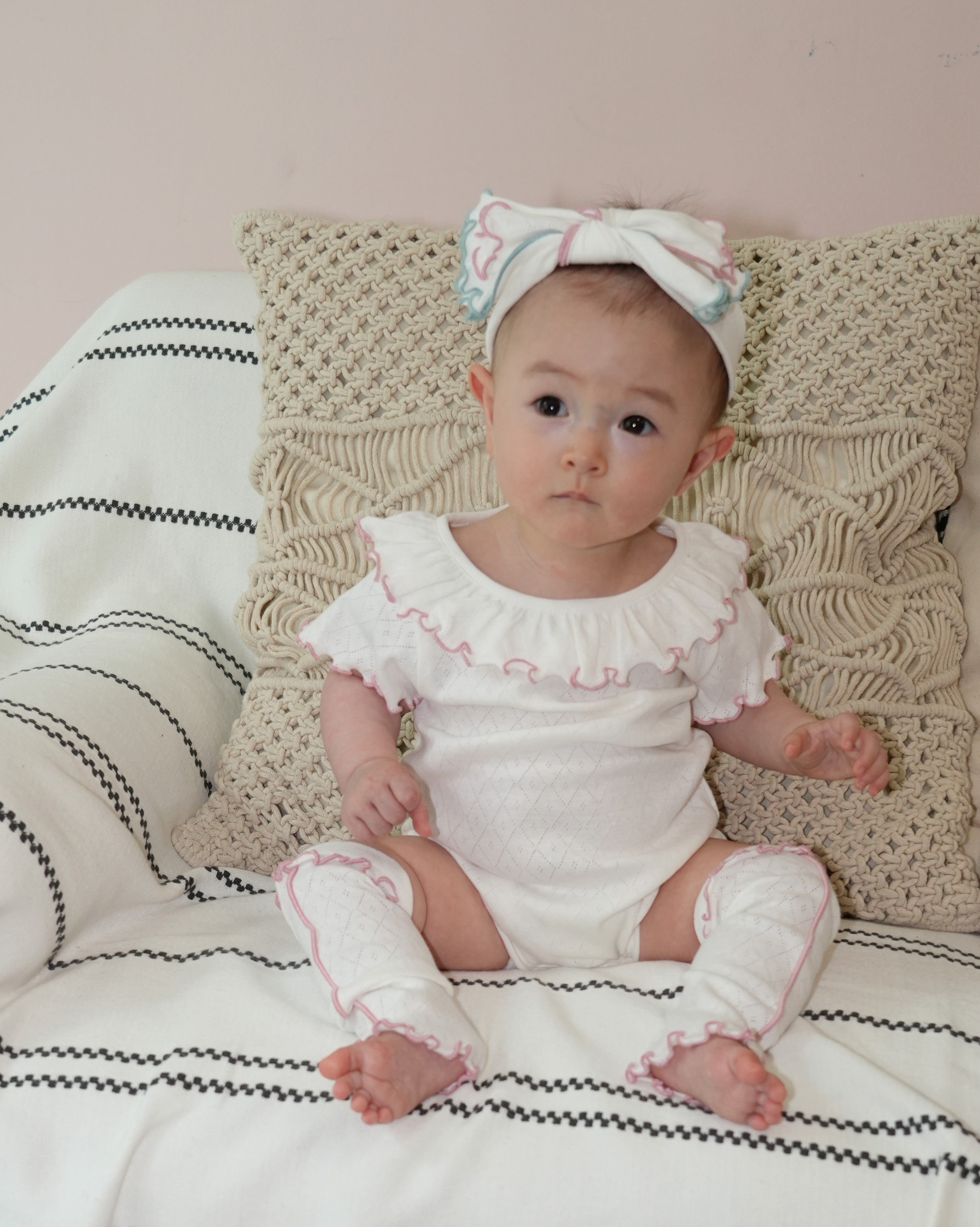 Frill Collar Eyelet Rib Short Sleeve Rompers【150017】 (Pink)