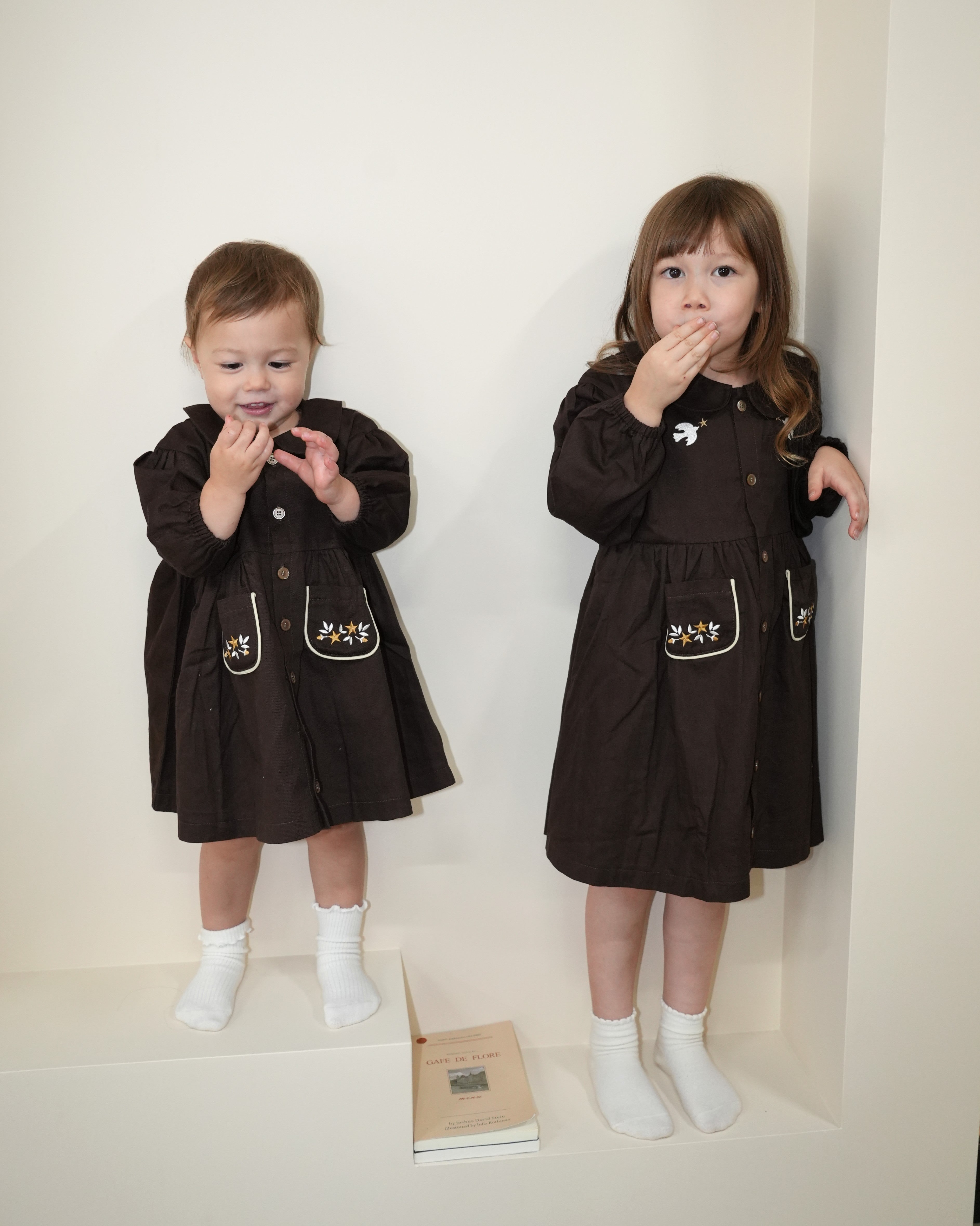 Embroidered Cotton Twill Peter Pan Collar Dress【110416】 (dark gray)