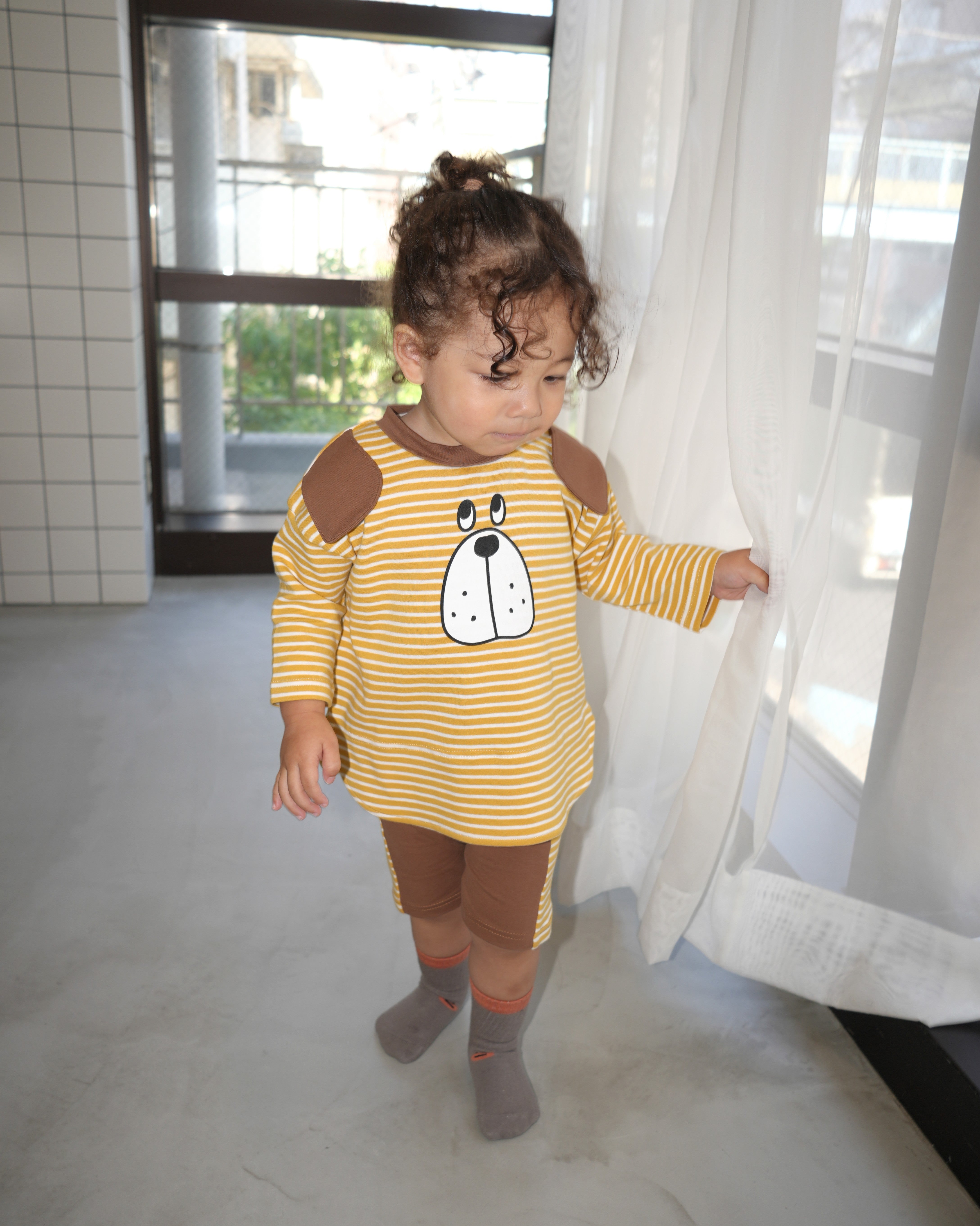 Big Face Dog T-Shirt & Half Leggings Set【110403】 (yellow)