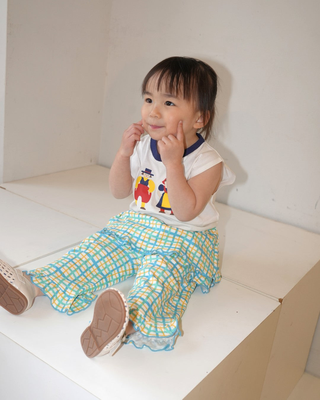 Hand Drawn Check Ruffle Hem Pants【110233】 (Blue)