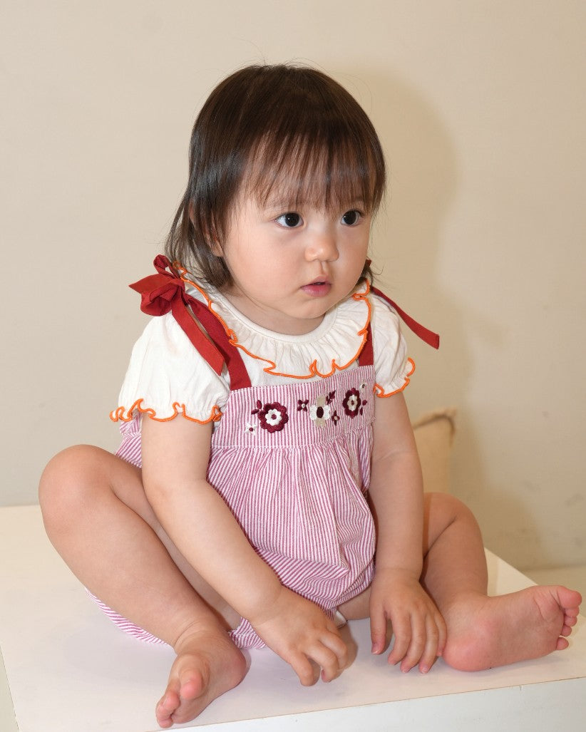 Floral Embroidered Stripe Rompers
【110275】 (Red)