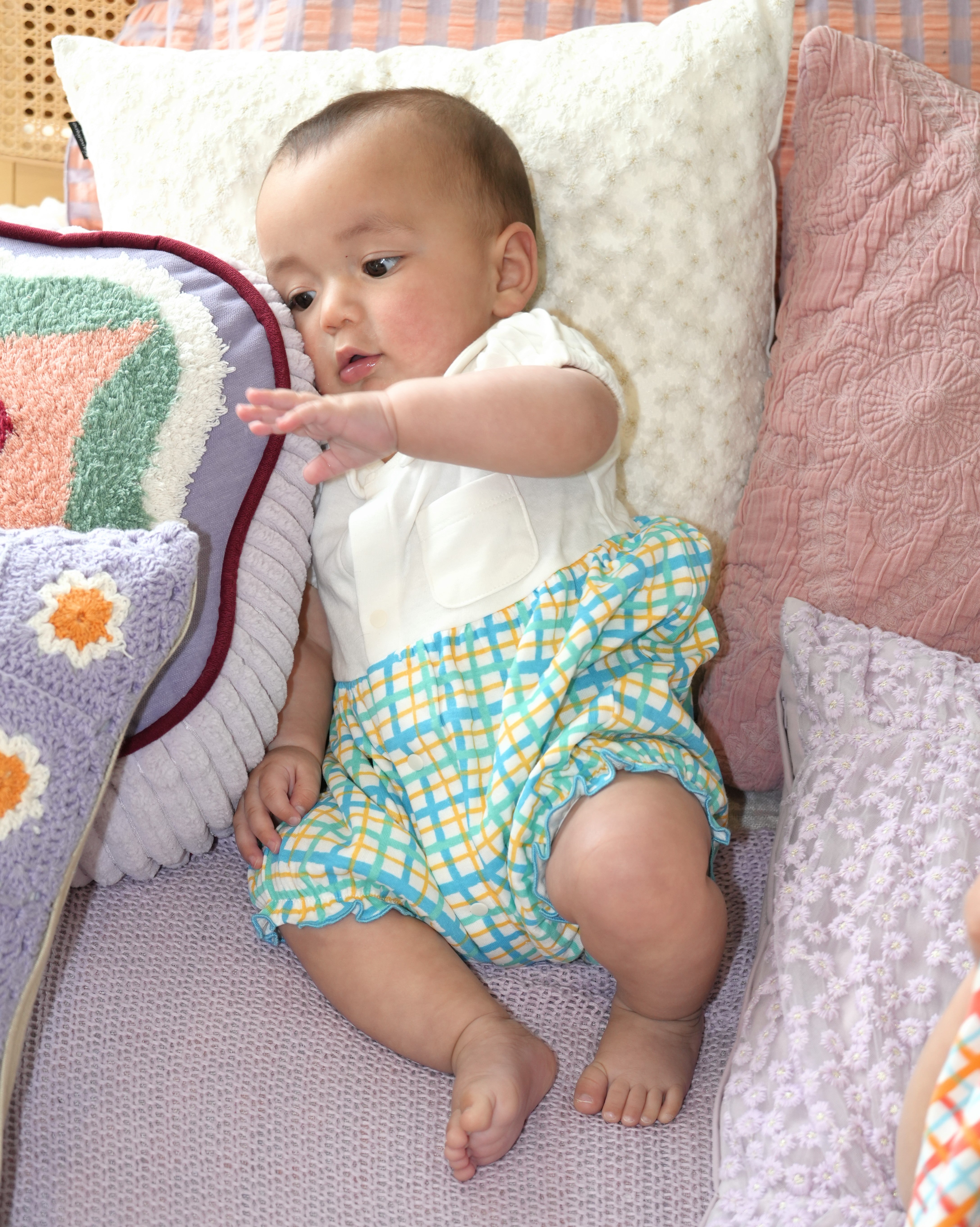 Hand Drawn Check Peter Pan Collar Playsuit【110232】 (Blue)