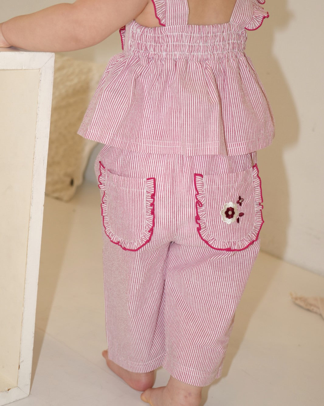 Floral Embroidered Striped Wide Pants 【110277】 (Red)