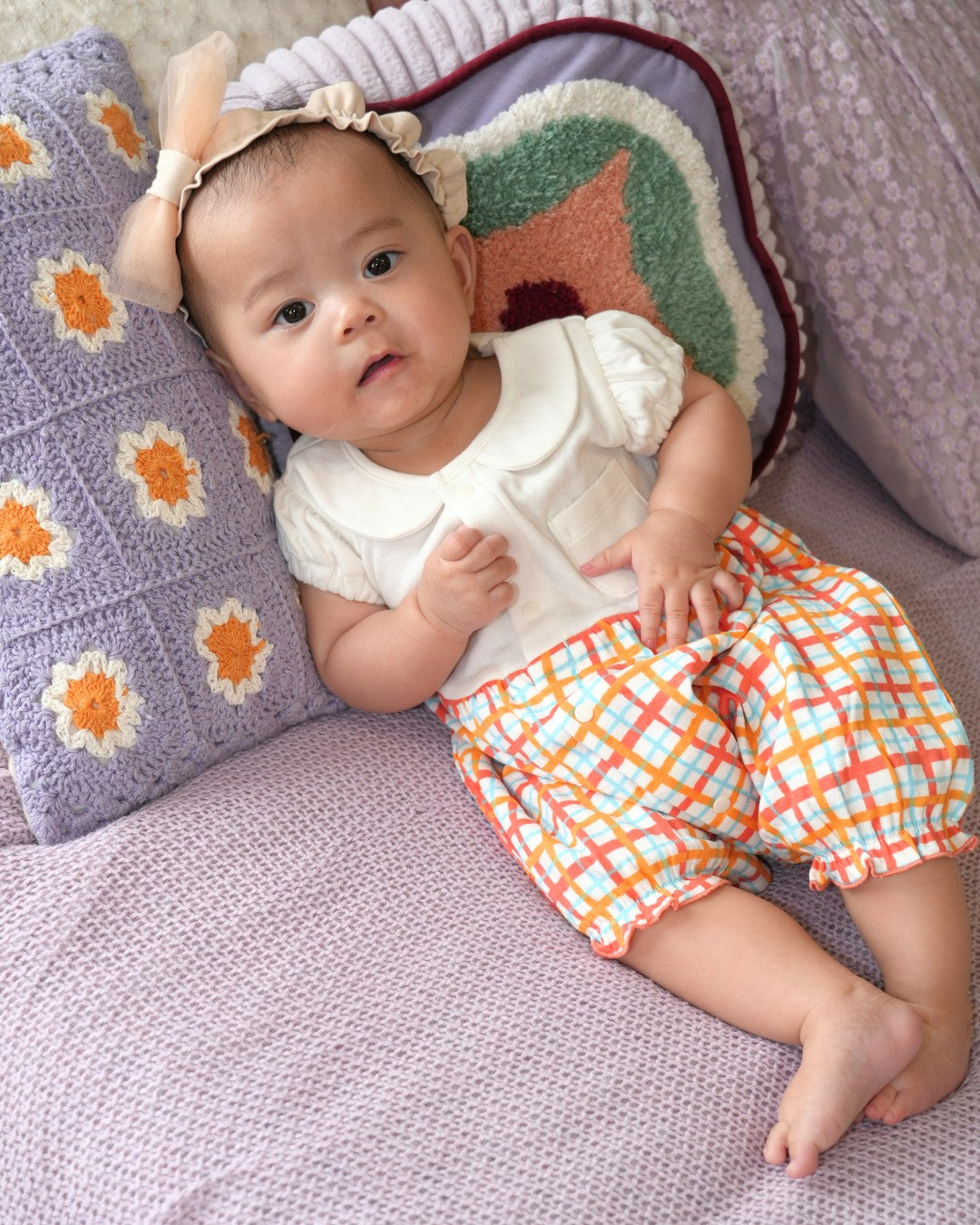 Hand Drawn Check Peter Pan Collar Playsuit【110232】 (Orange)