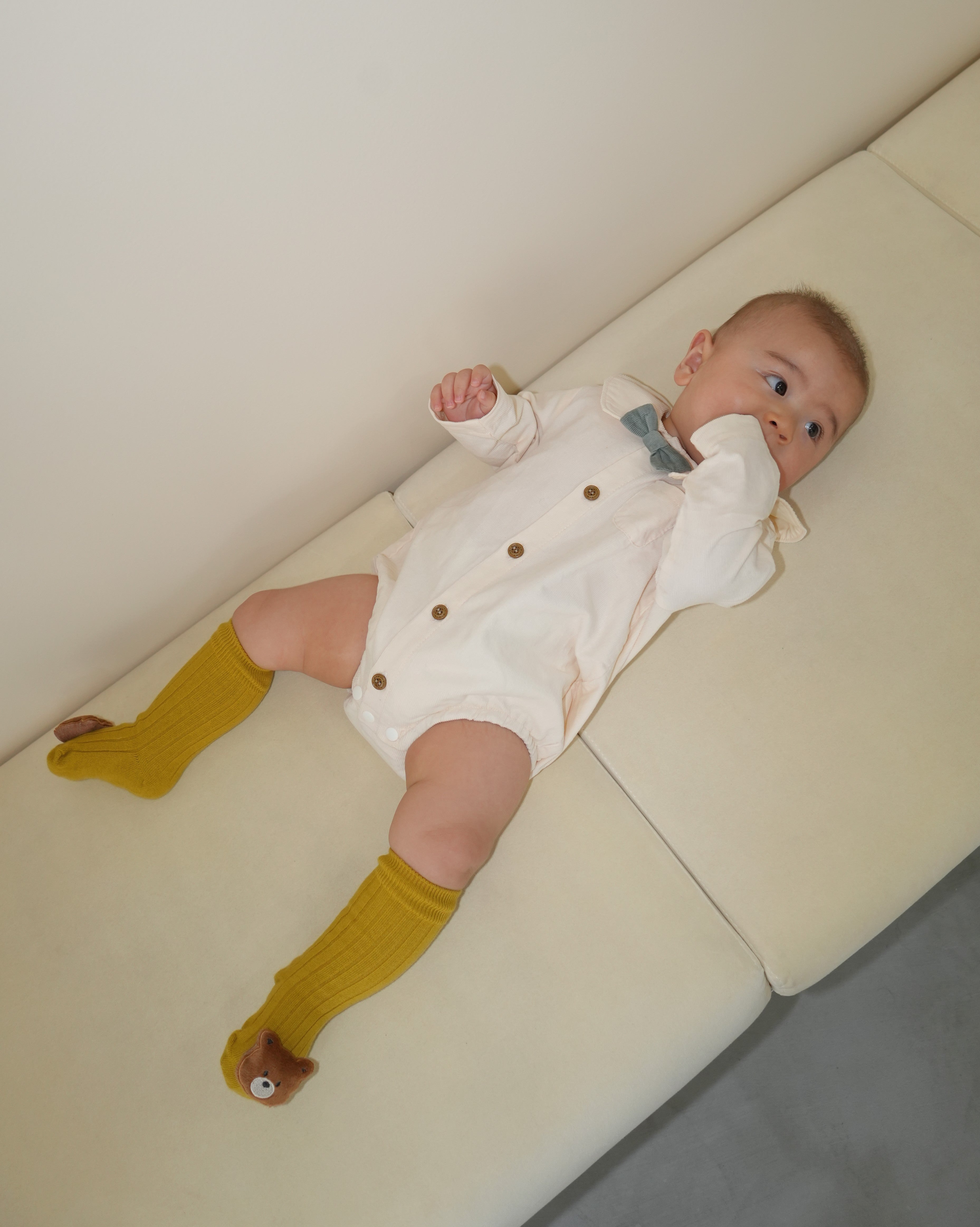 Bow Tie Collared Shirt Corduroy Rompers【110412】 (white)
