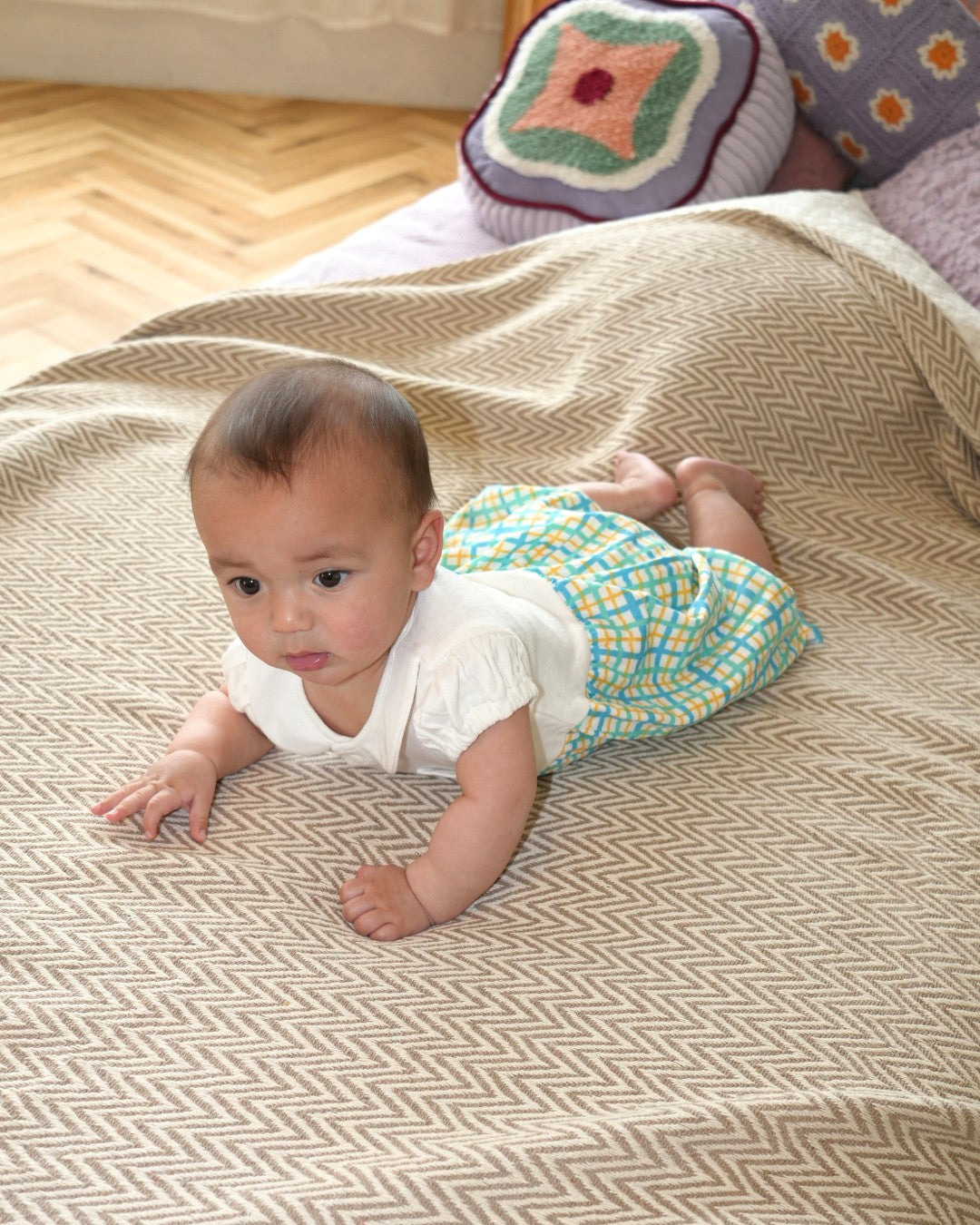 Hand Drawn Check Peter Pan Collar Playsuit【110232】 (Blue)