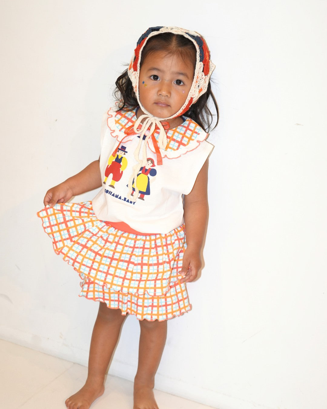 Hand Drawn Check Gathered Skirt【110234】 (Orange)