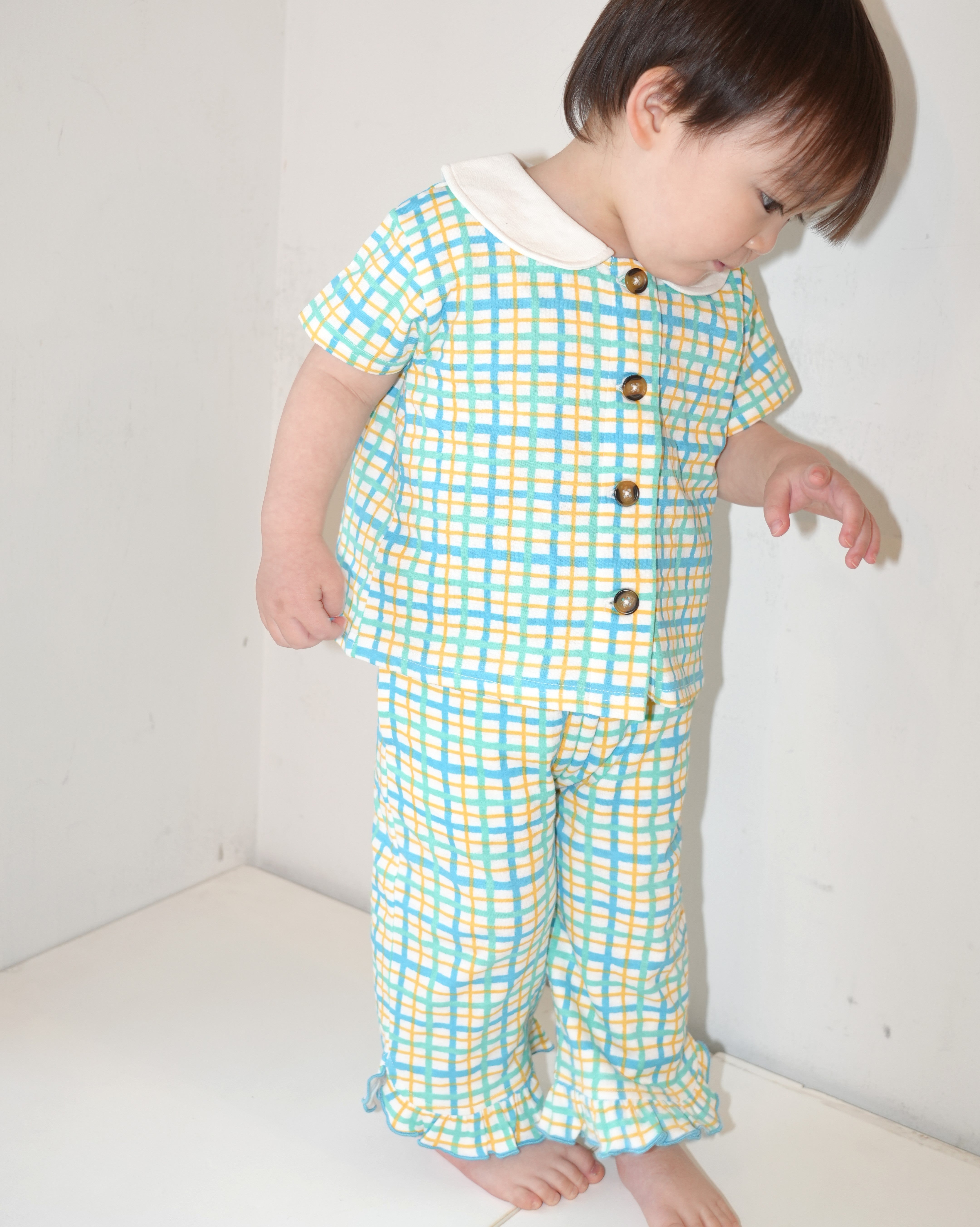 Hand Drawn Check Ruffle Hem Pants【110233】 (Blue)