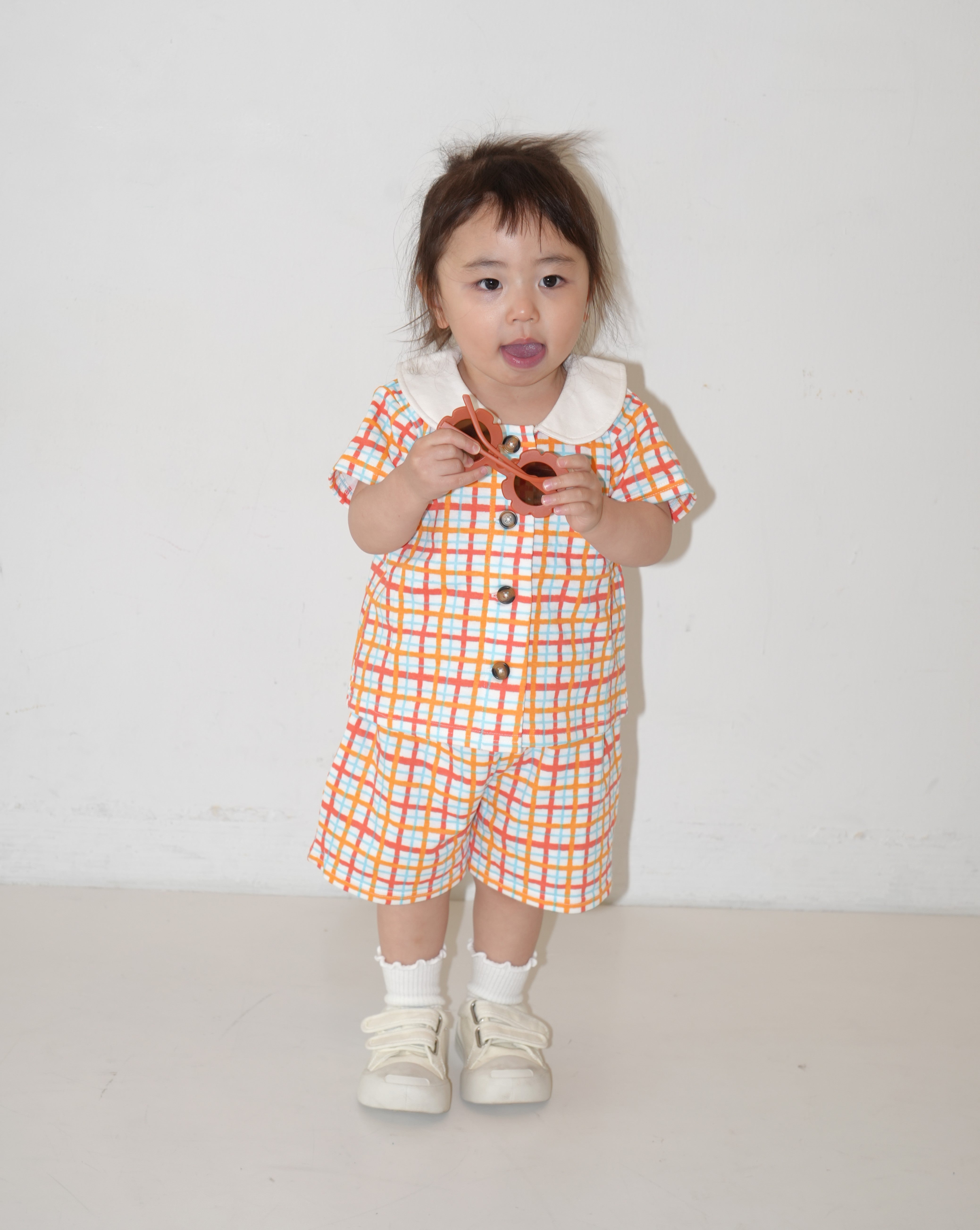 Hand Drawn Check Peter Pan Collar Set up【110231】 (Orange)