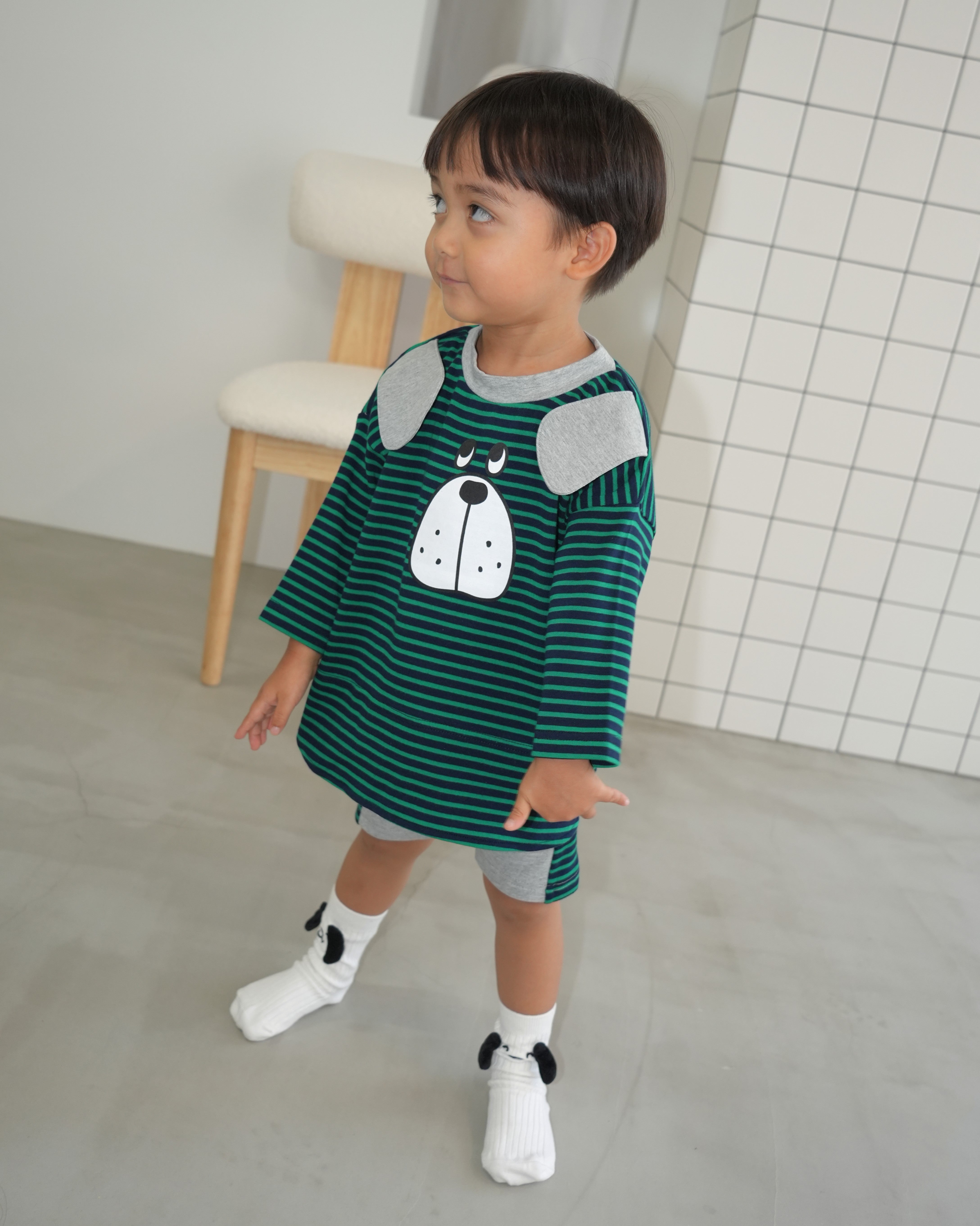 Big Face Dog T-Shirt & Half Leggings Set【110403】 (green)