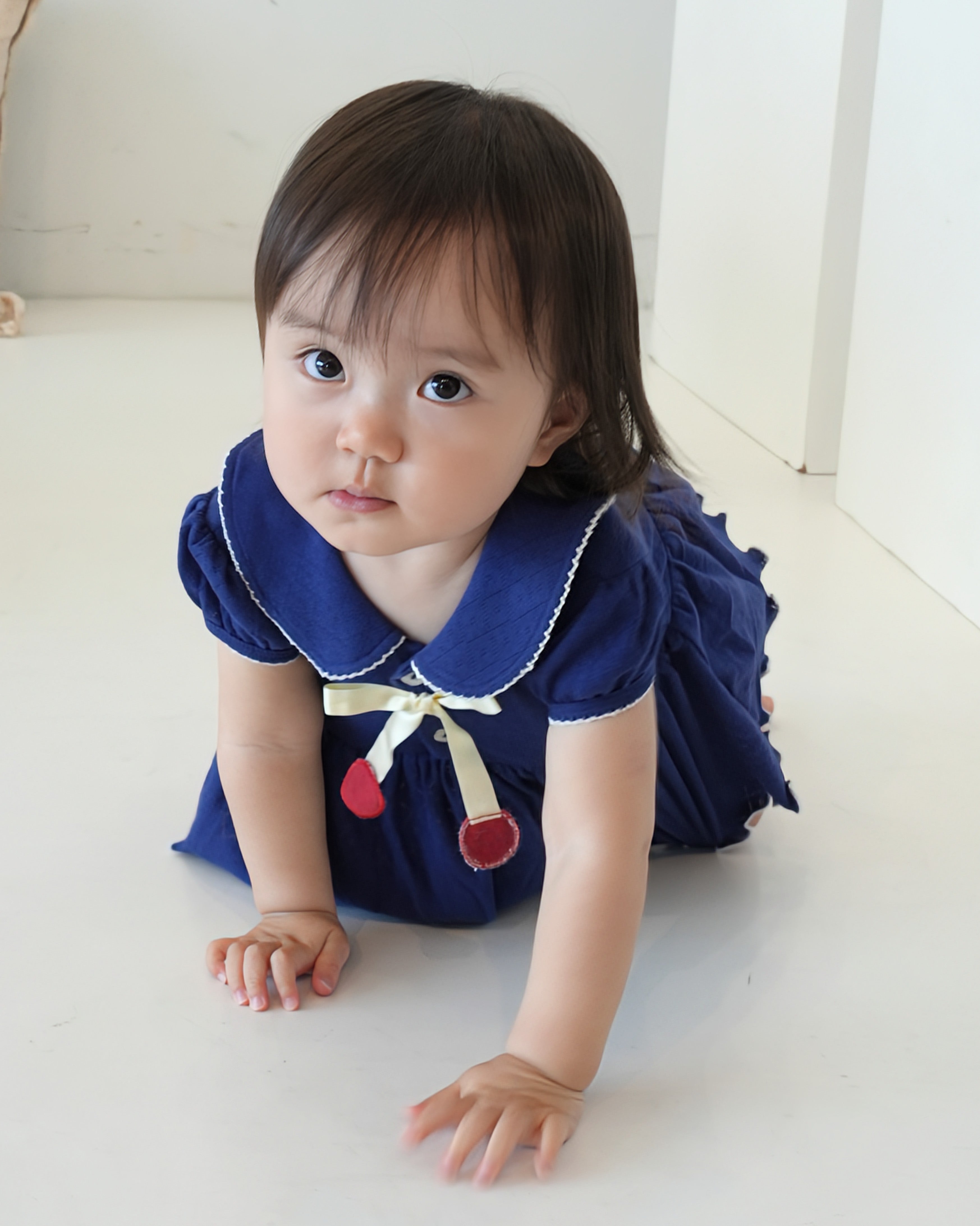 Cherry Motif Eyelet Rib Skirt Rompers【110241】 (Navy)