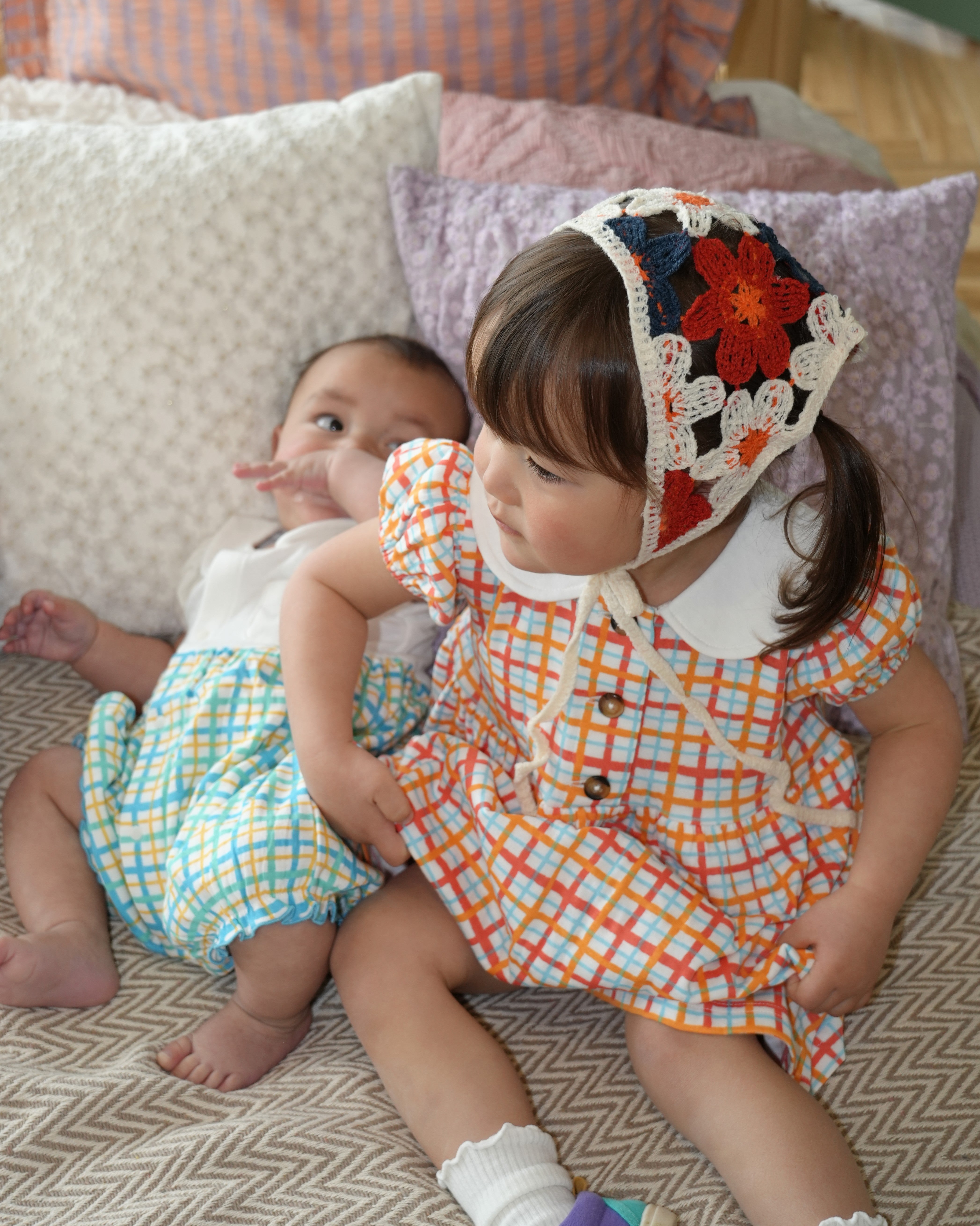 Hand Drawn Check Peter Pan Collar Dress【110230】 (Orange)