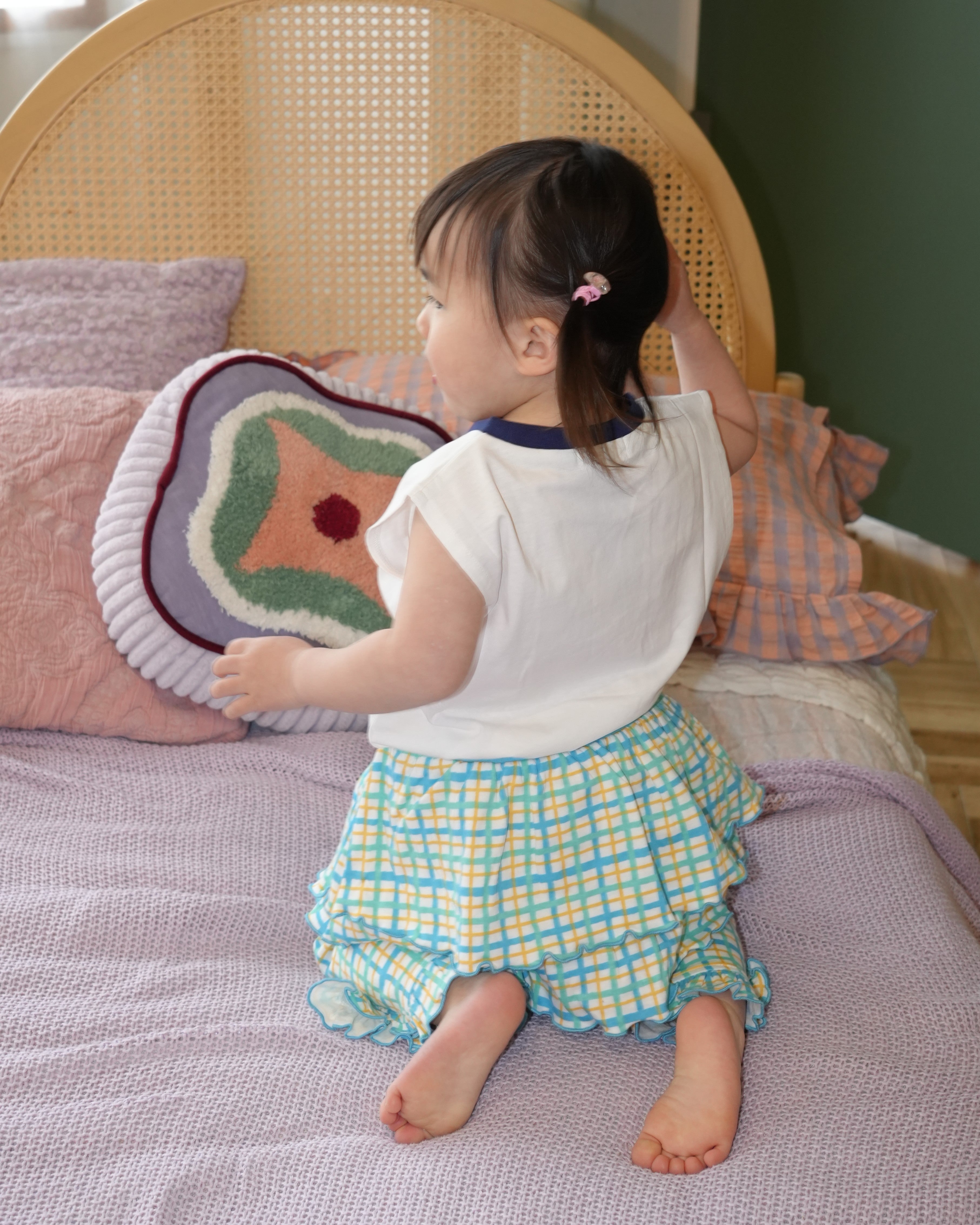 Hand Drawn Check Gathered Skirt【110234】 (Blue)