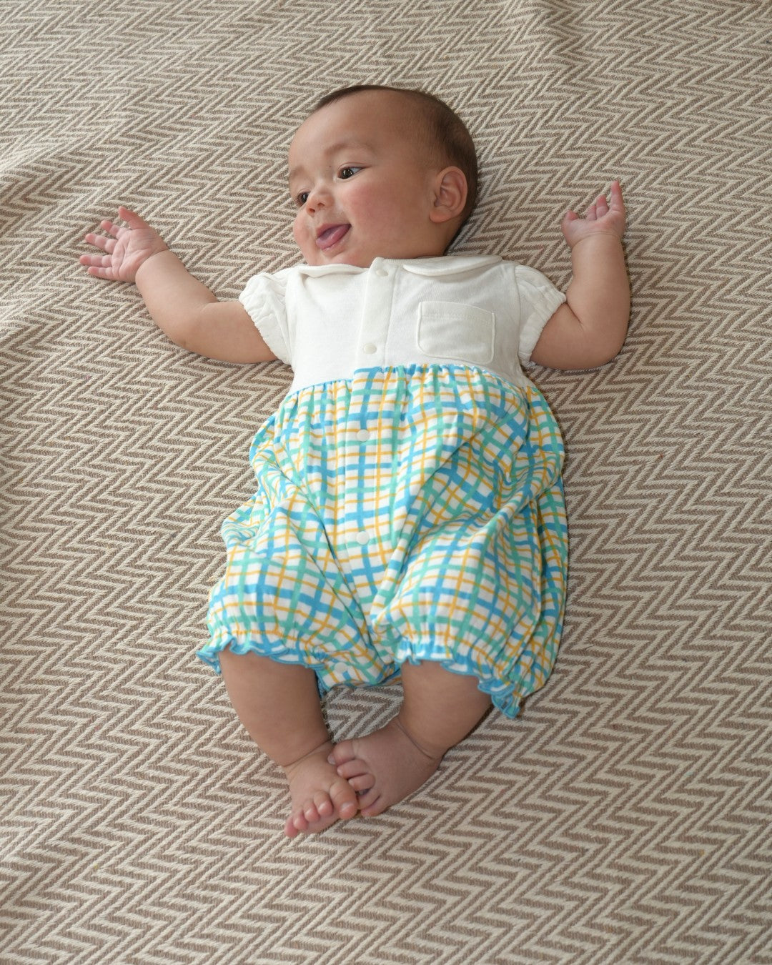 Hand Drawn Check Peter Pan Collar Playsuit【110232】 (Blue)