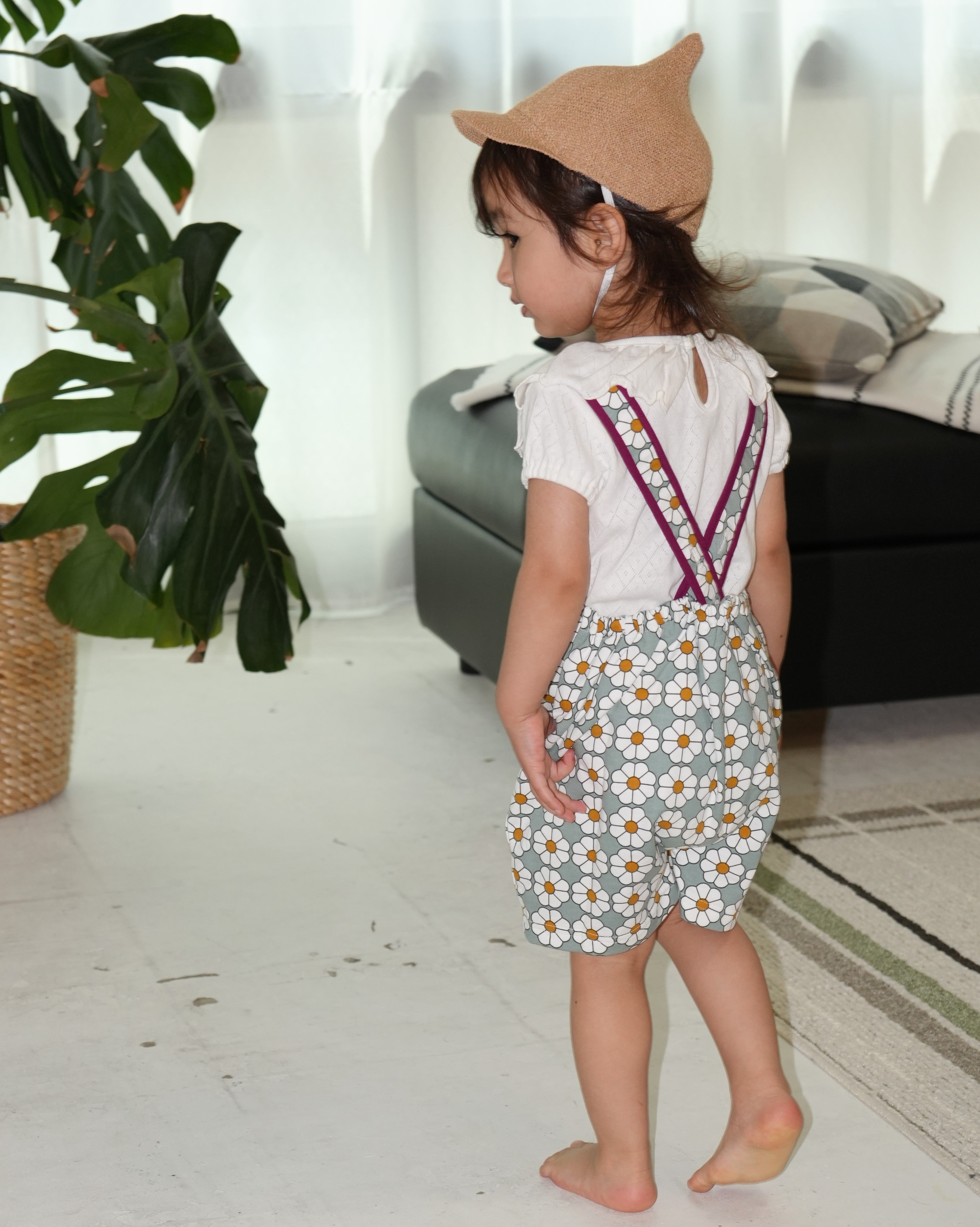 Retro Daisy Pattern Short Salopette【150011】 (Green)