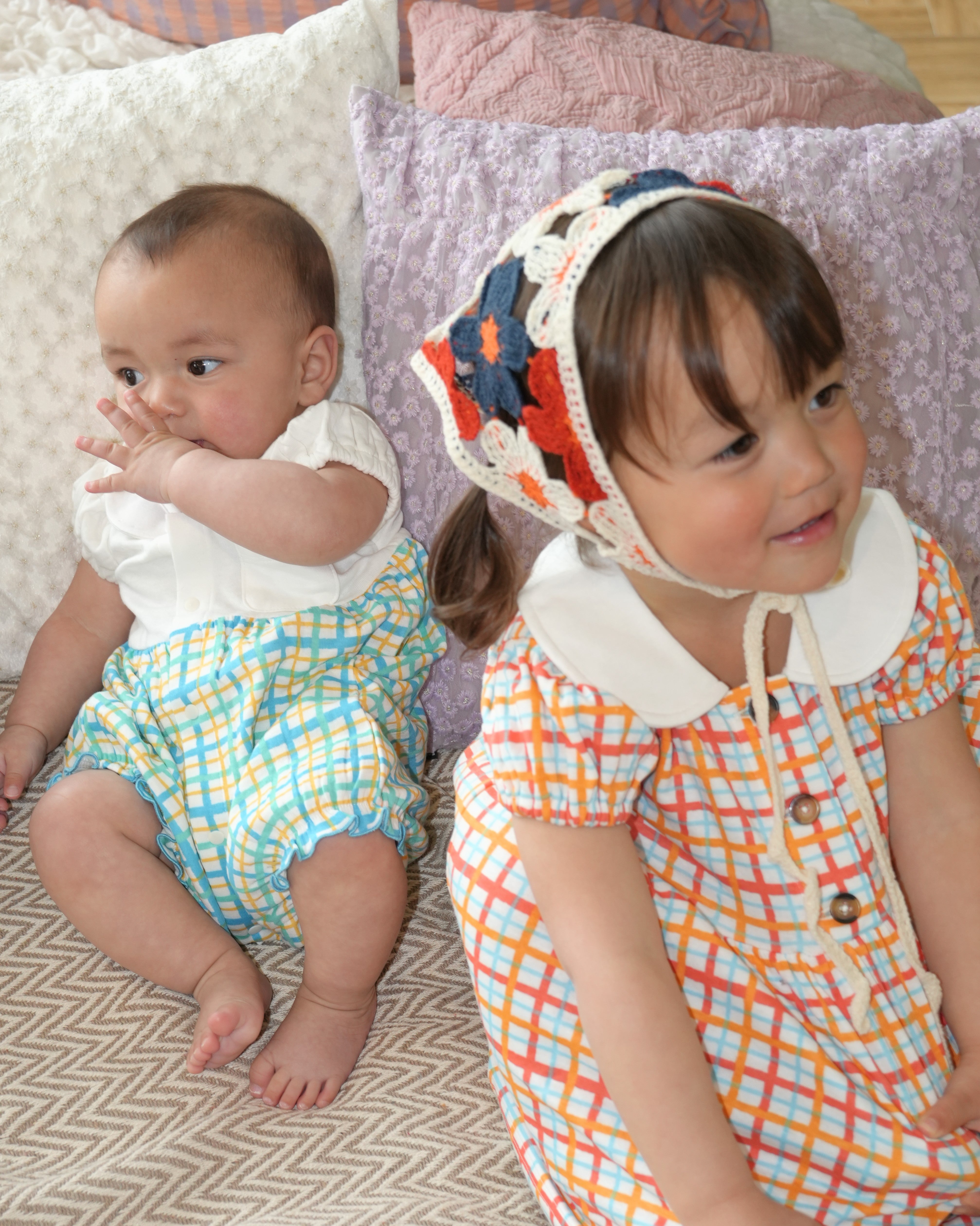 Hand Drawn Check Peter Pan Collar Playsuit【110232】 (Blue)