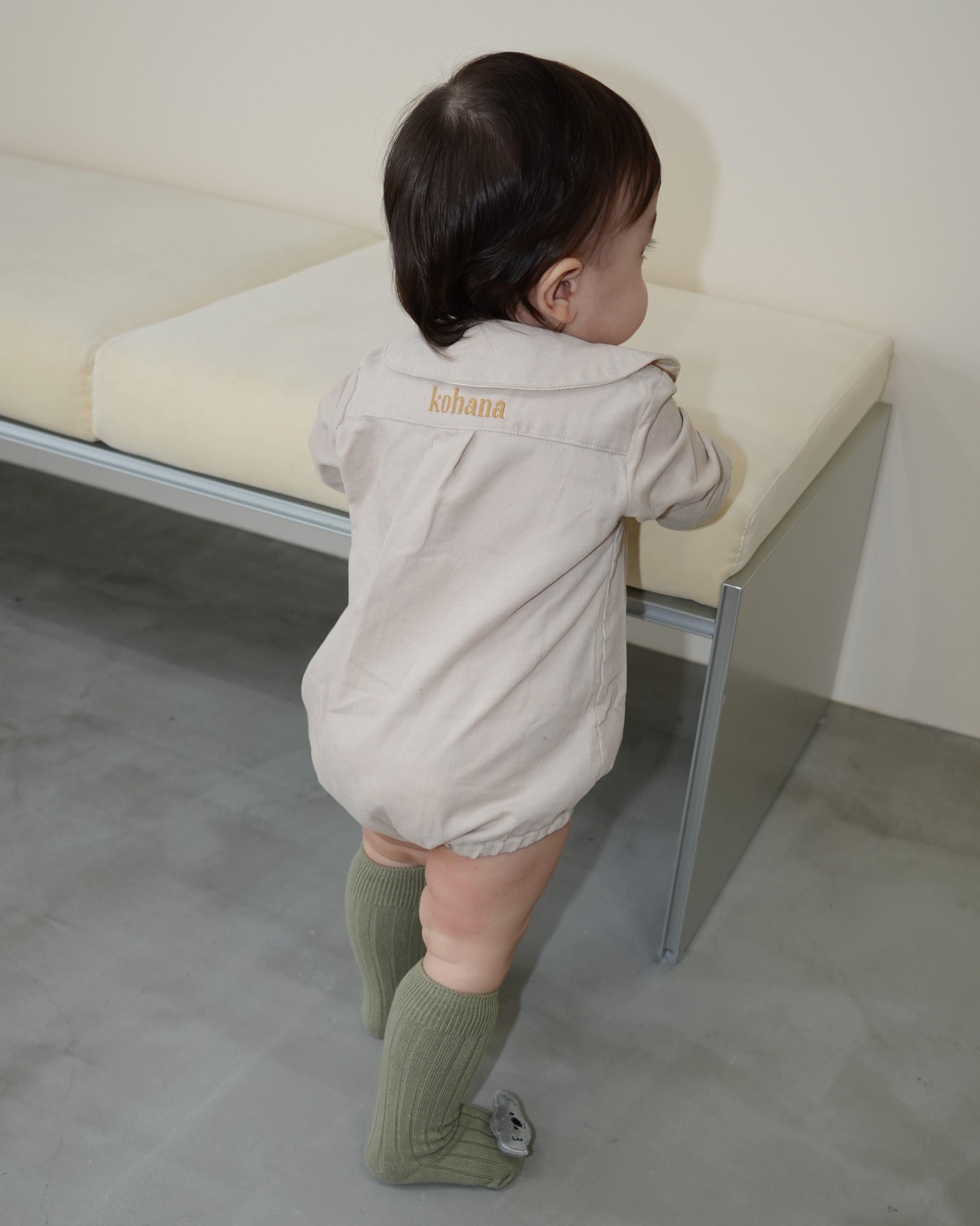 Bow Tie Collared Shirt Corduroy Rompers【110412】 (beige)