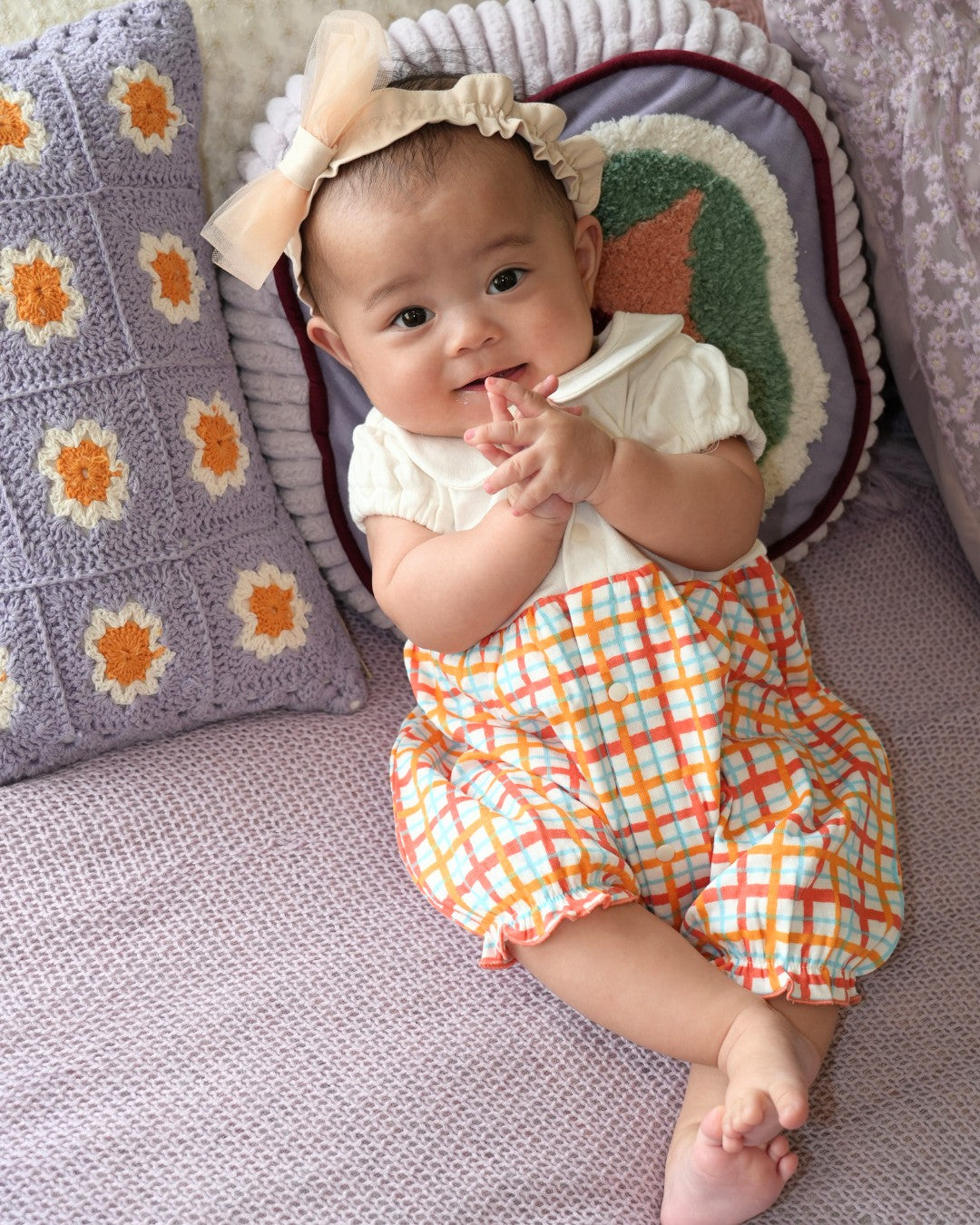 Hand Drawn Check Peter Pan Collar Playsuit【110232】 (Orange)