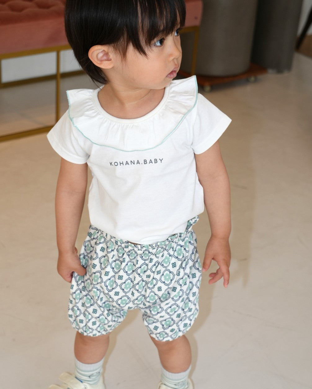 Vintage Tile Ruffle Collar T-Shirt Set【110223】 (Green)