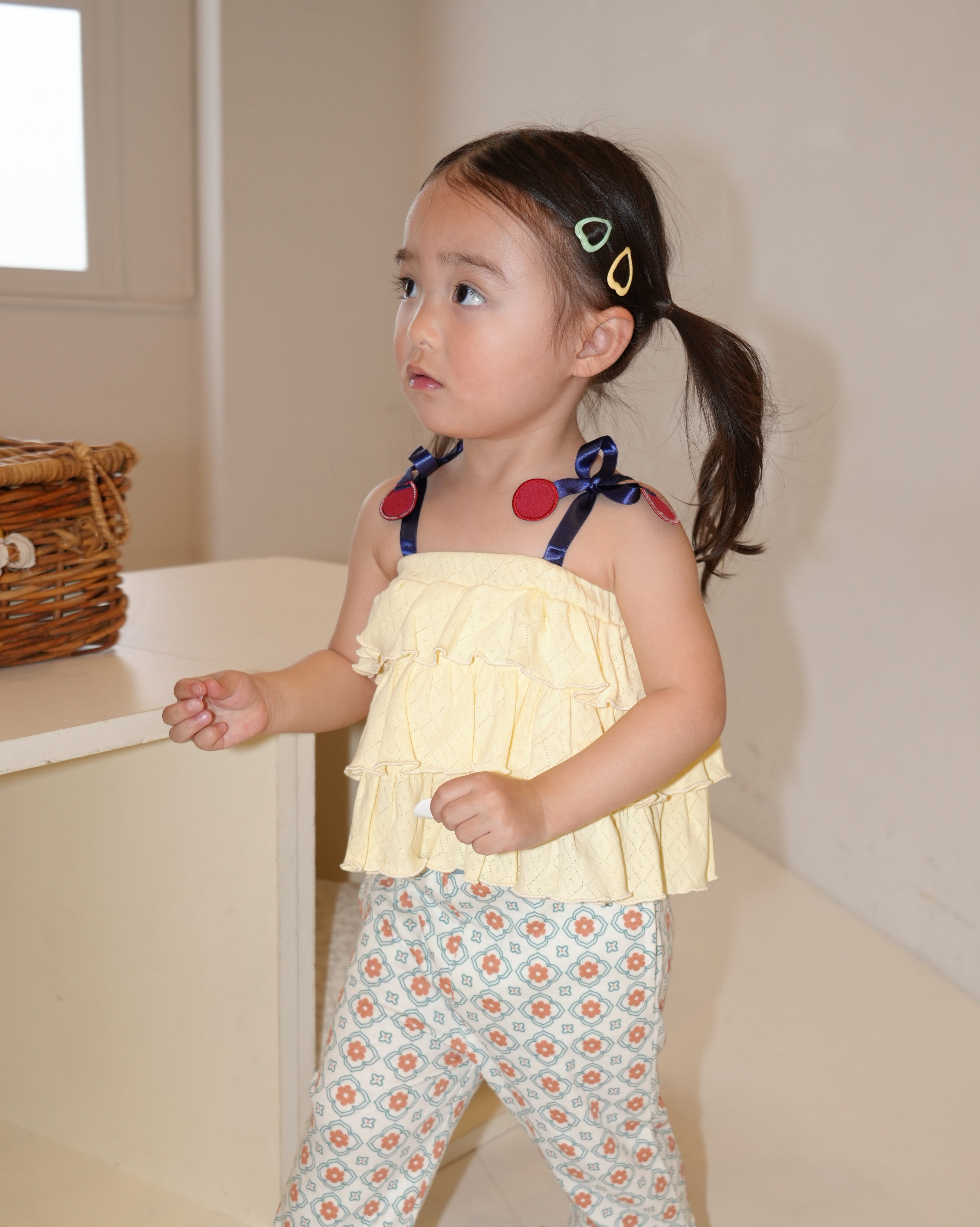 Cherry Motif Eyelet Rib 2Way Top【110242】 (Yellow)