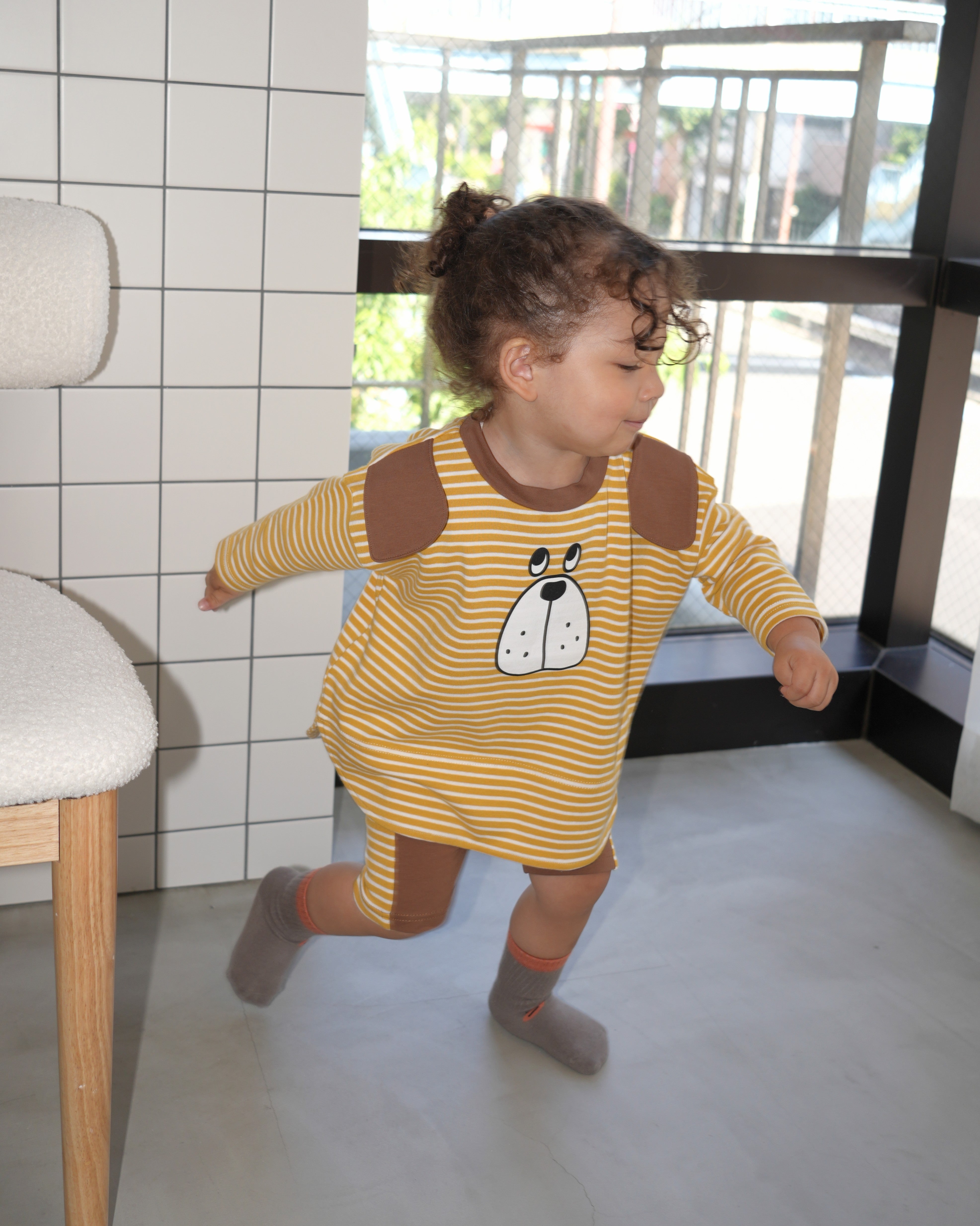 Big Face Dog T-Shirt & Half Leggings Set【110403】 (yellow)