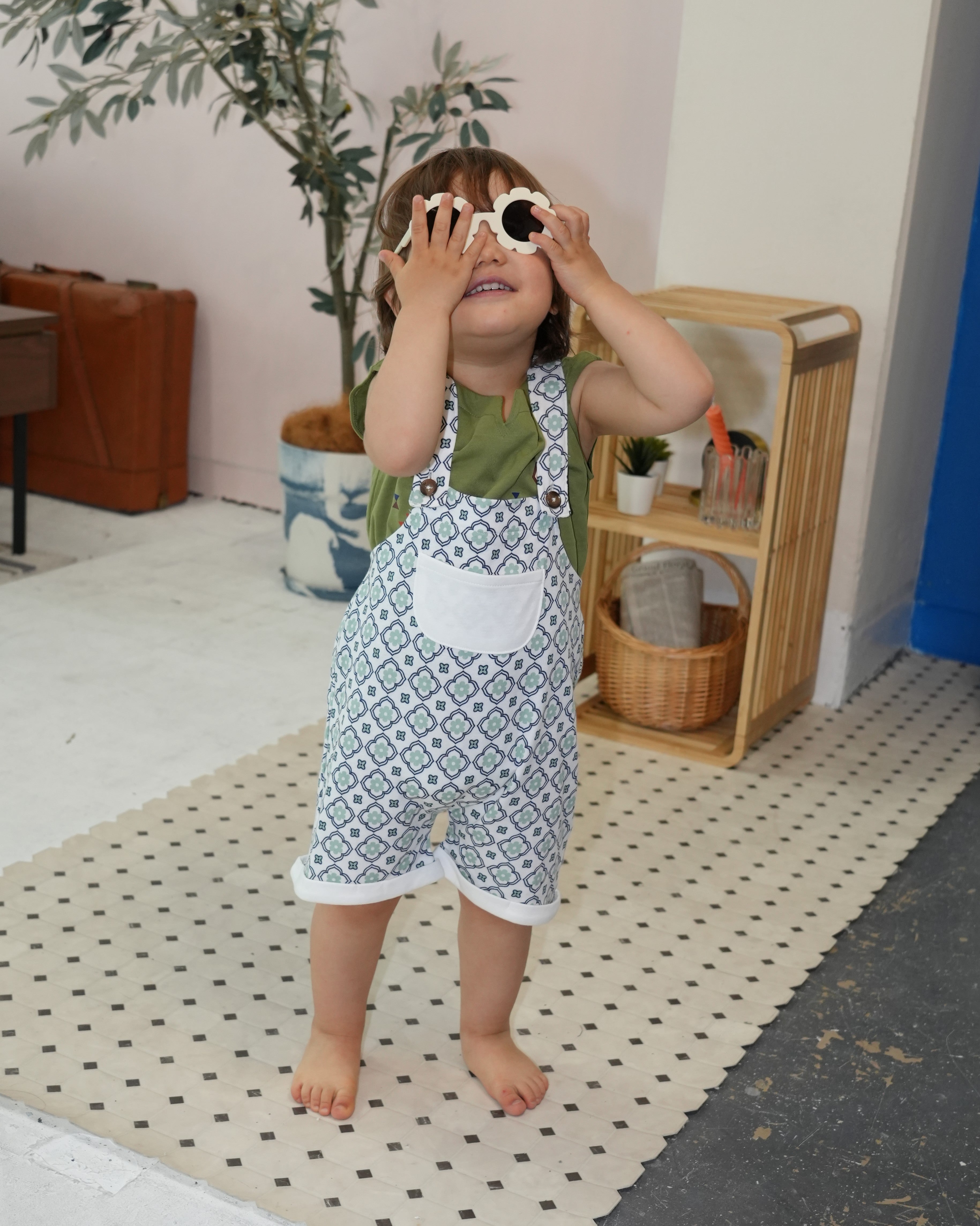 Vintage Tile Pattern Short Salopette【150010】