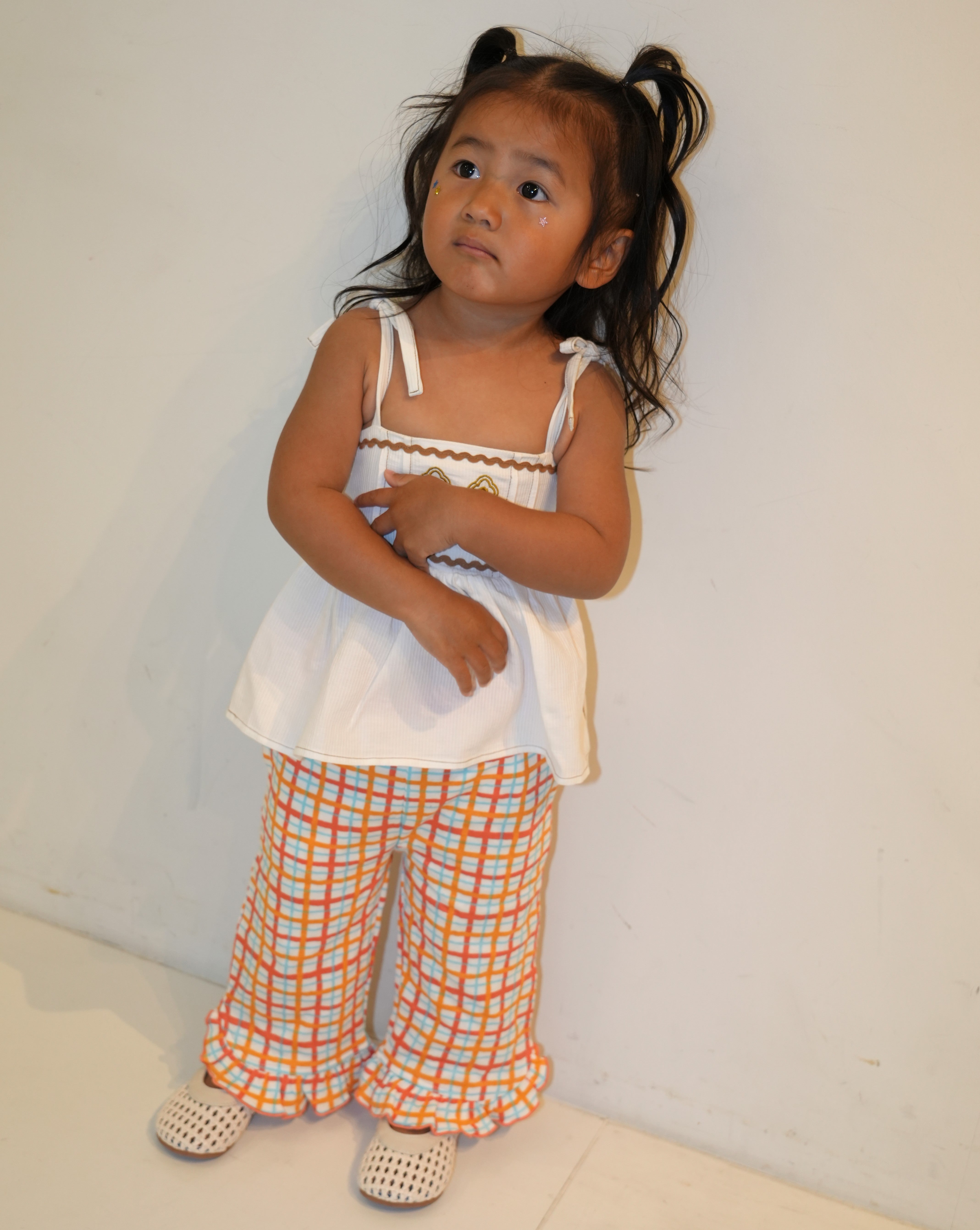 Hand Drawn Check Ruffle Hem Pants【110233】 (Orange)