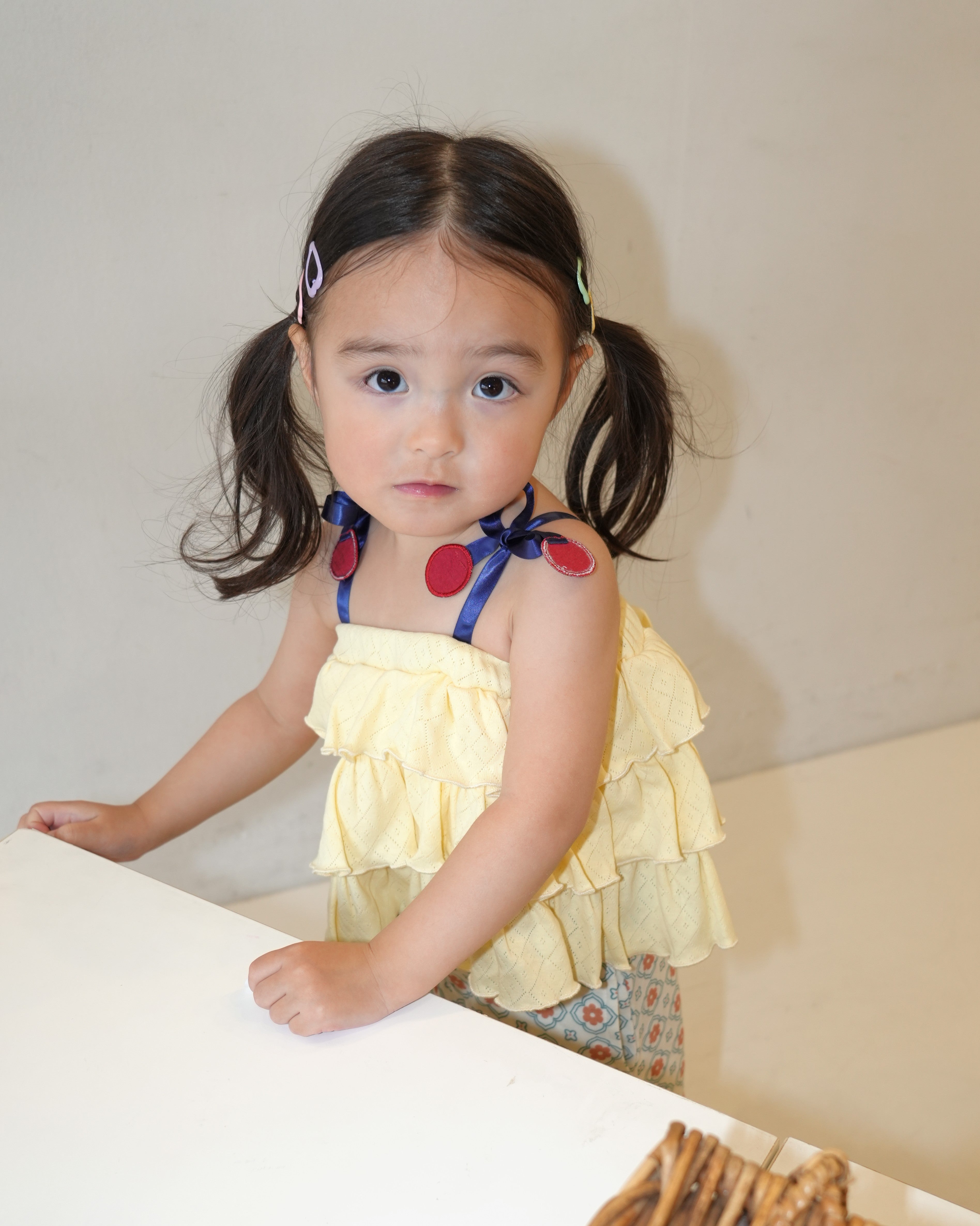 Cherry Motif Eyelet Rib 2Way Top【110242】 (Yellow)