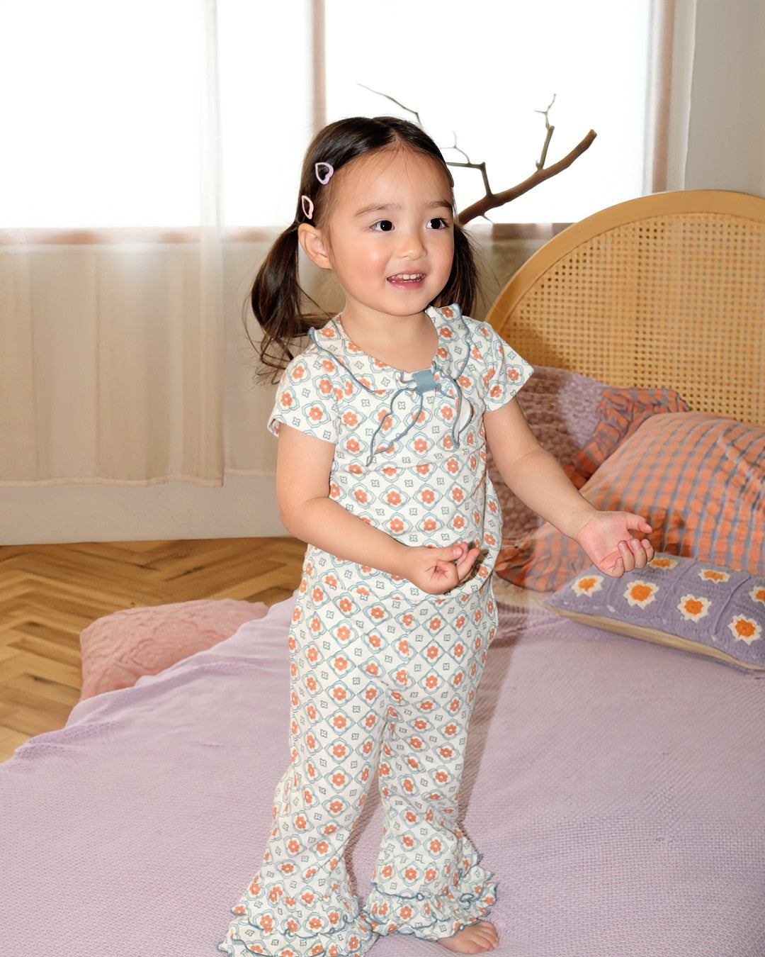 Vintage Tile Frill Flare Pants【110222】 (Blue)