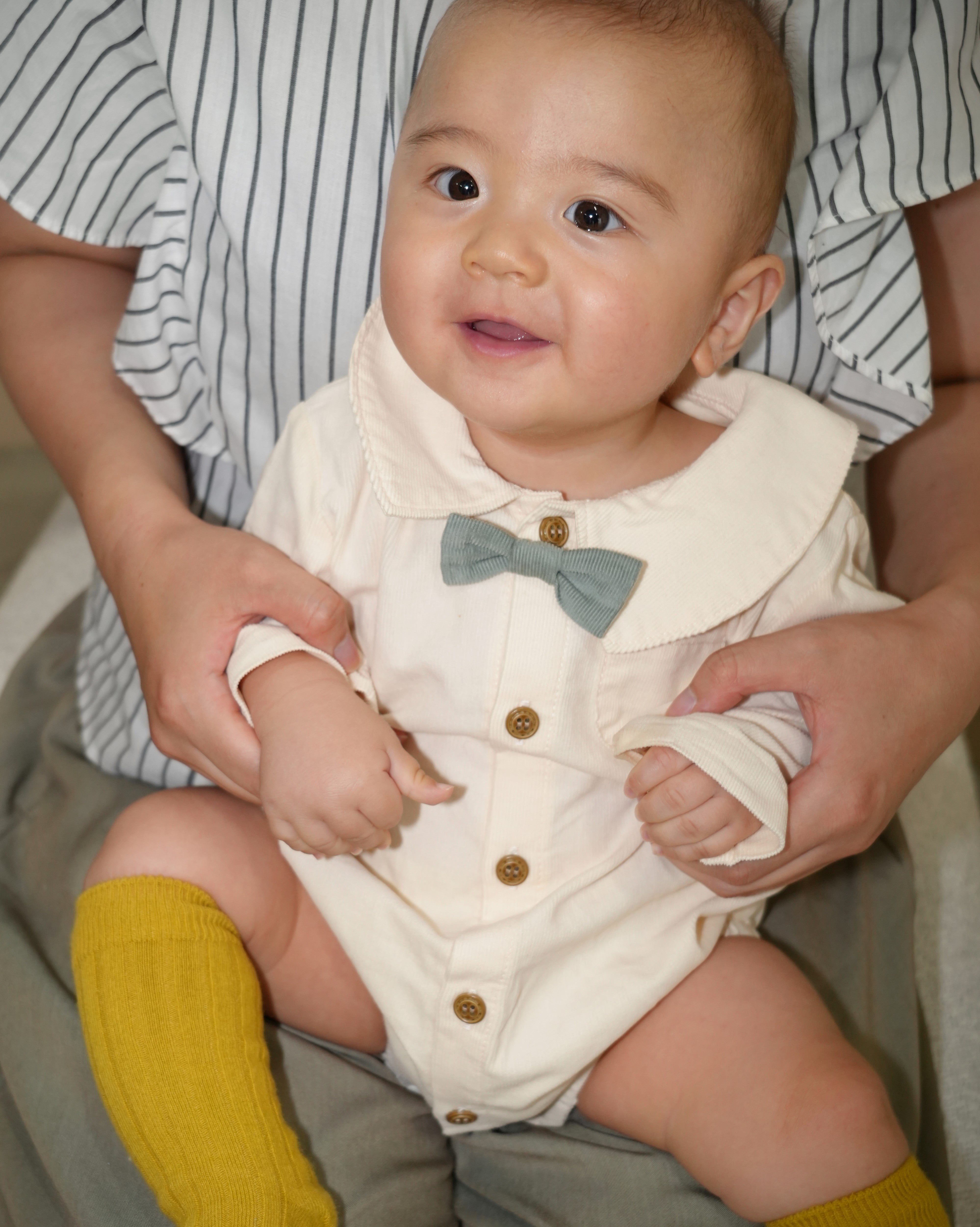 Bow Tie Collared Shirt Corduroy Rompers【110412】 (white)