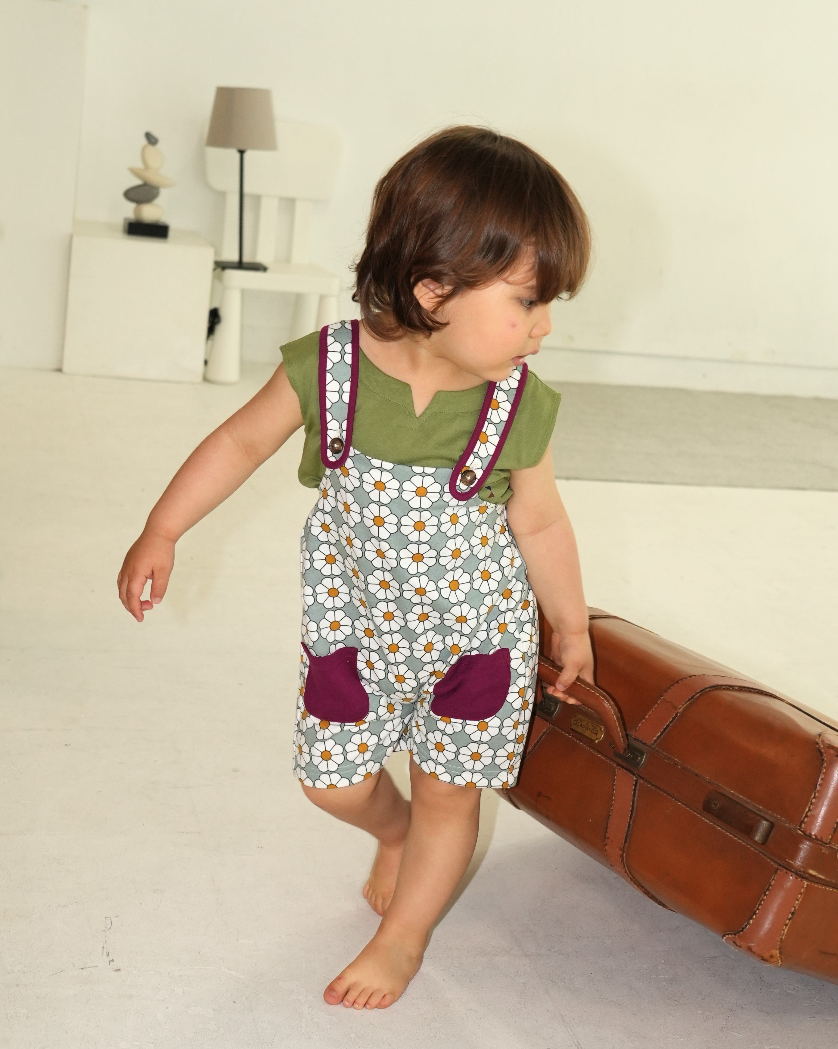 Retro Daisy Pattern Short Salopette【150011】 (Green)