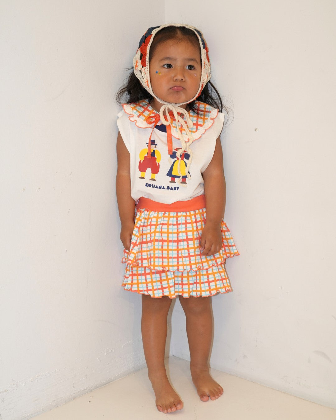 Hand Drawn Check Gathered Skirt【110234】 (Orange)