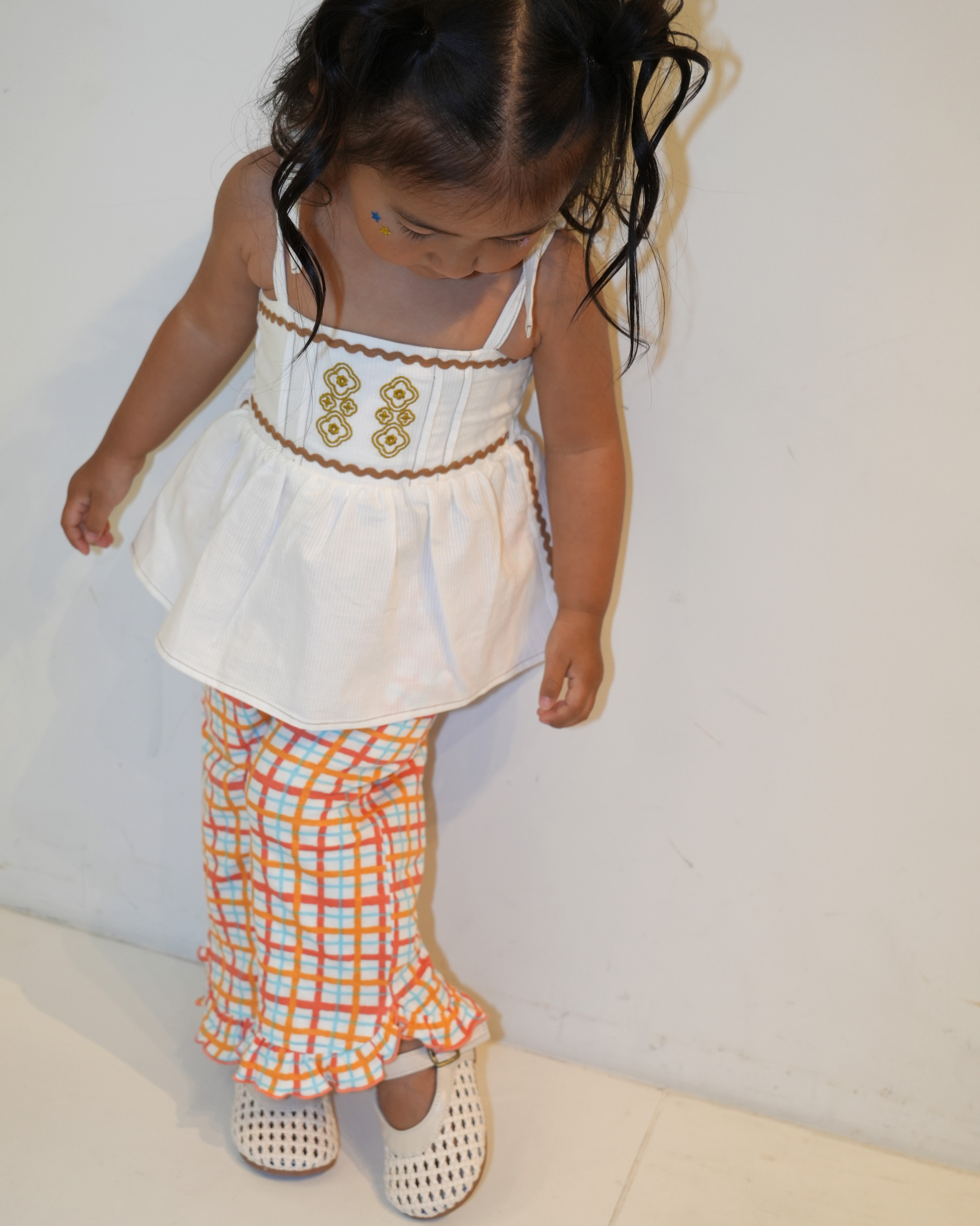 Hand Drawn Check Ruffle Hem Pants【110233】 (Orange)