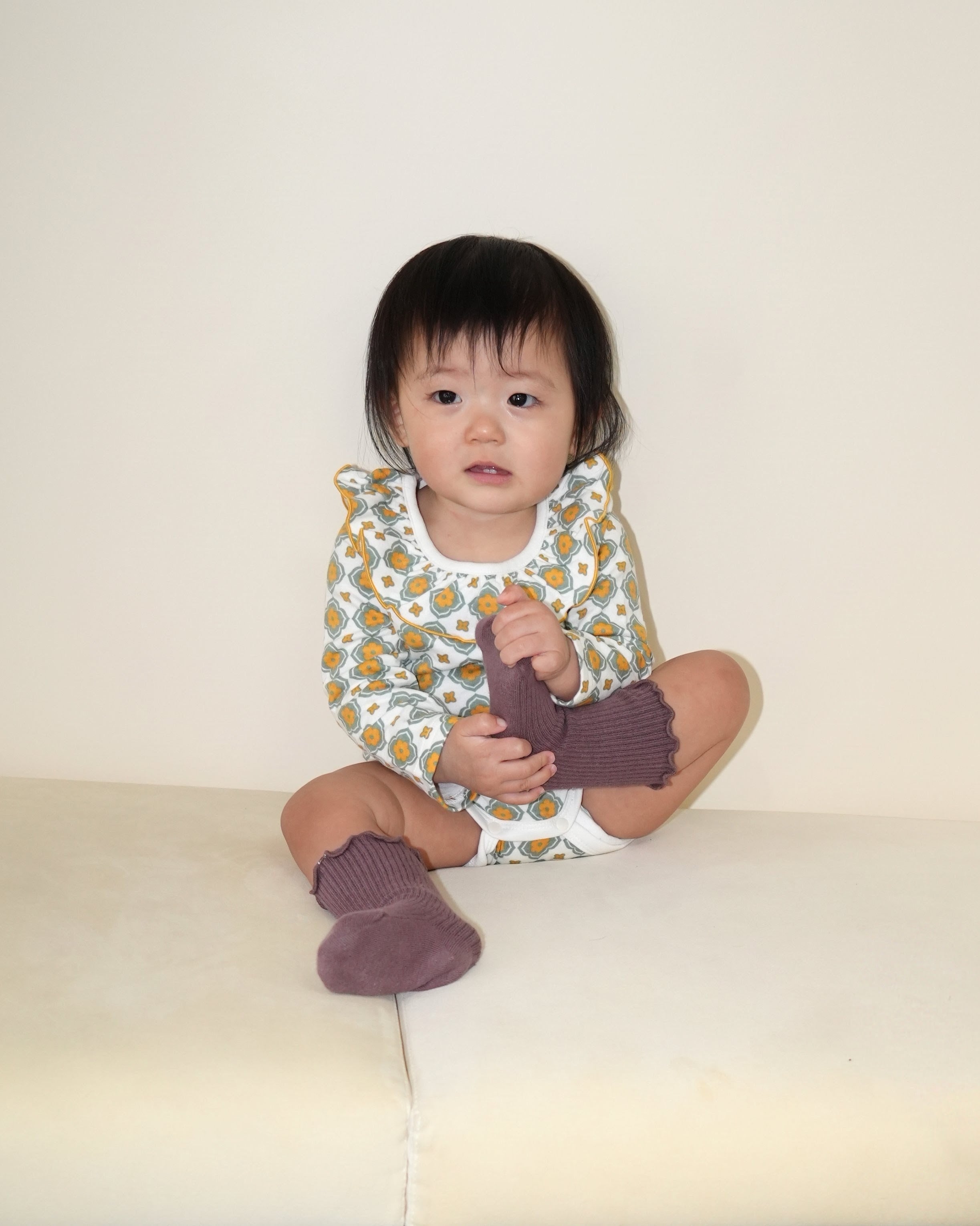 Vintage Tile Frill Ruffle Collar Romper【110335】 (orange)