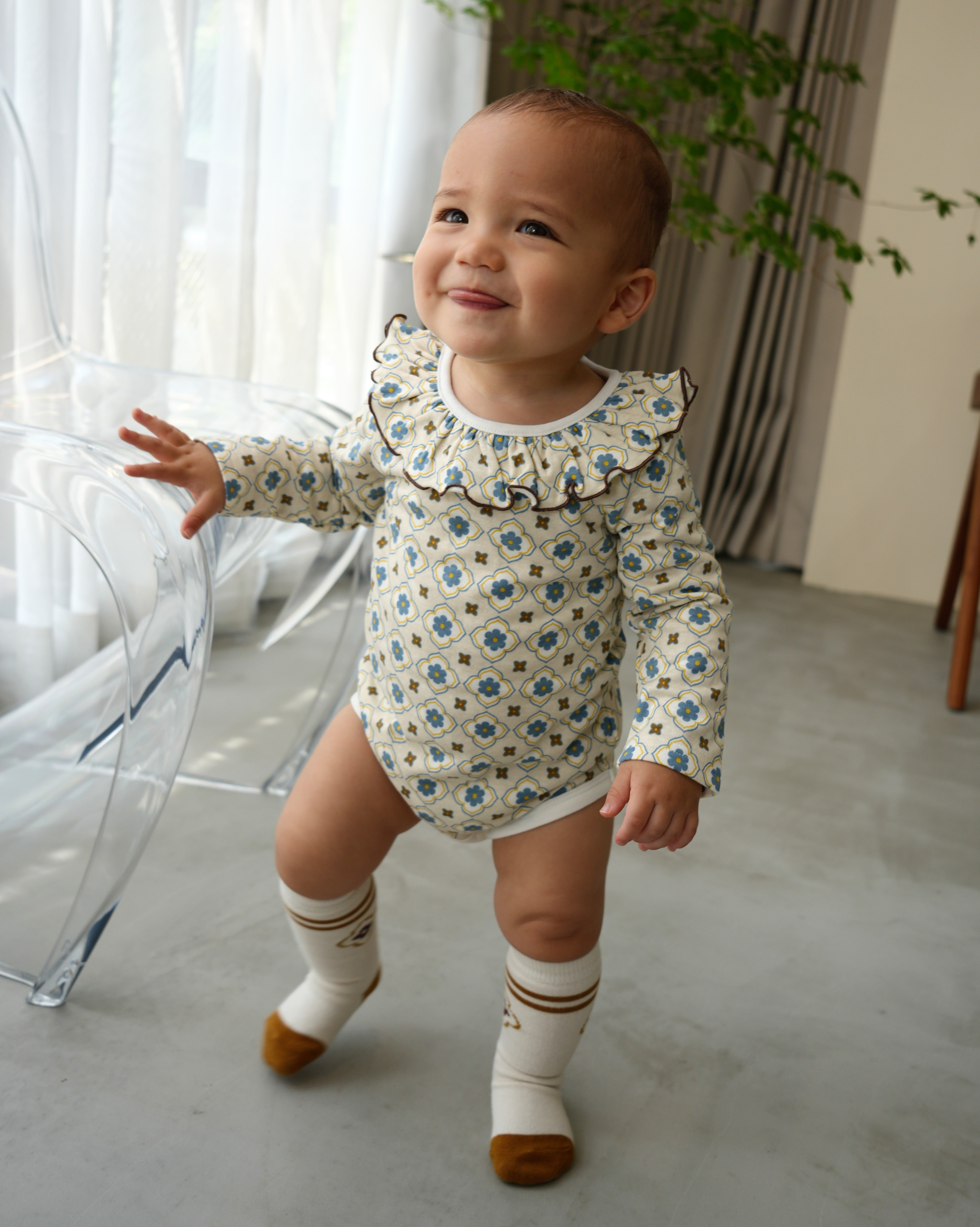 Vintage Tile Frill Ruffle Collar Romper【110335】 (blue)
