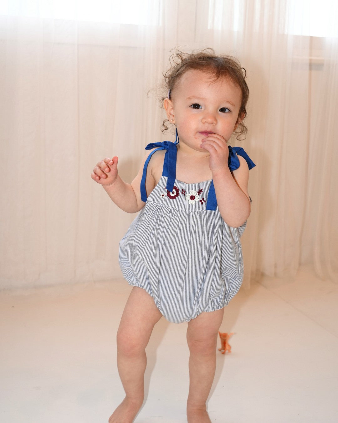 Floral Embroidered Stripe Rompers【110275】 (Blue)