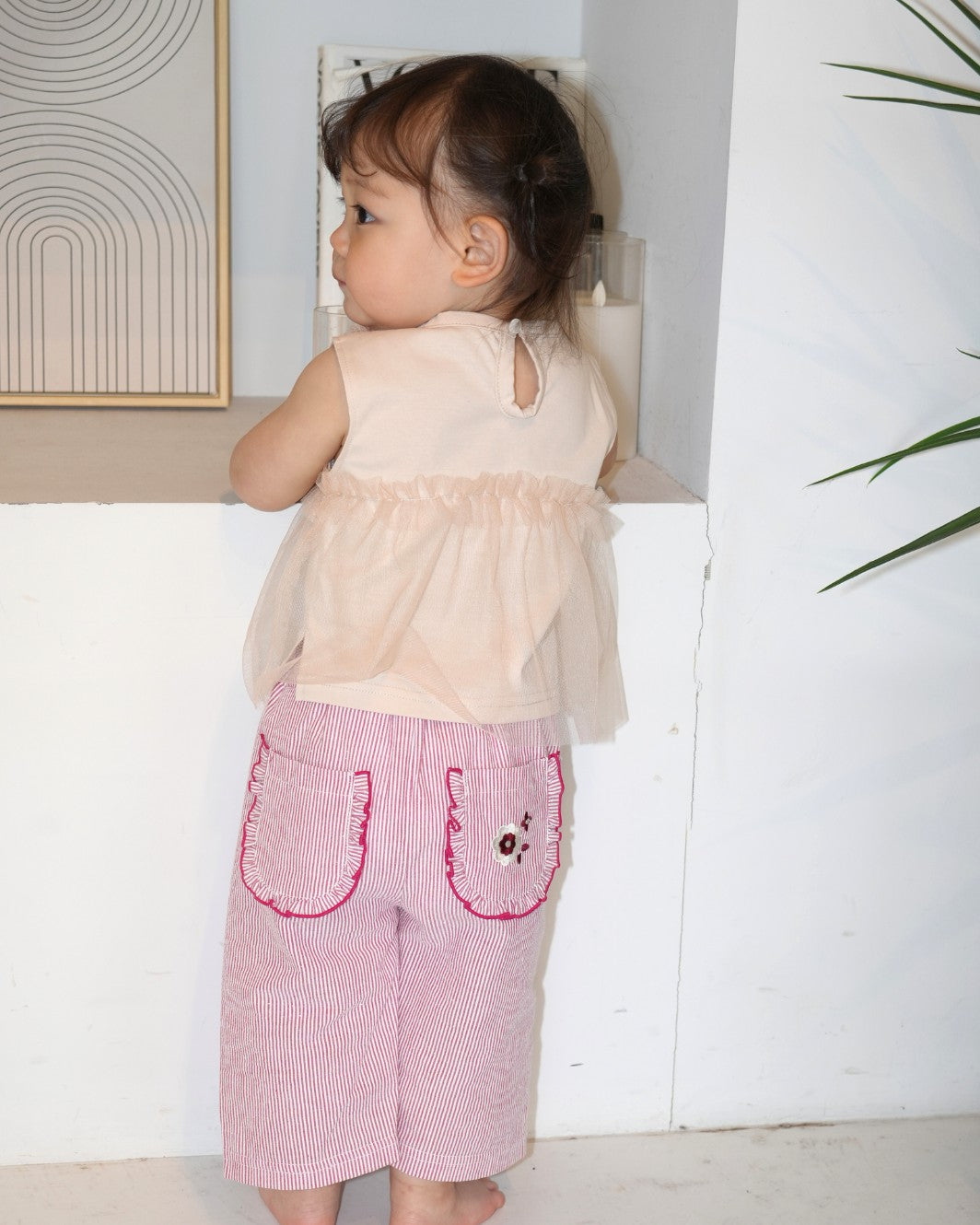 Floral Embroidered Striped Wide Pants 【110277】 (Red)