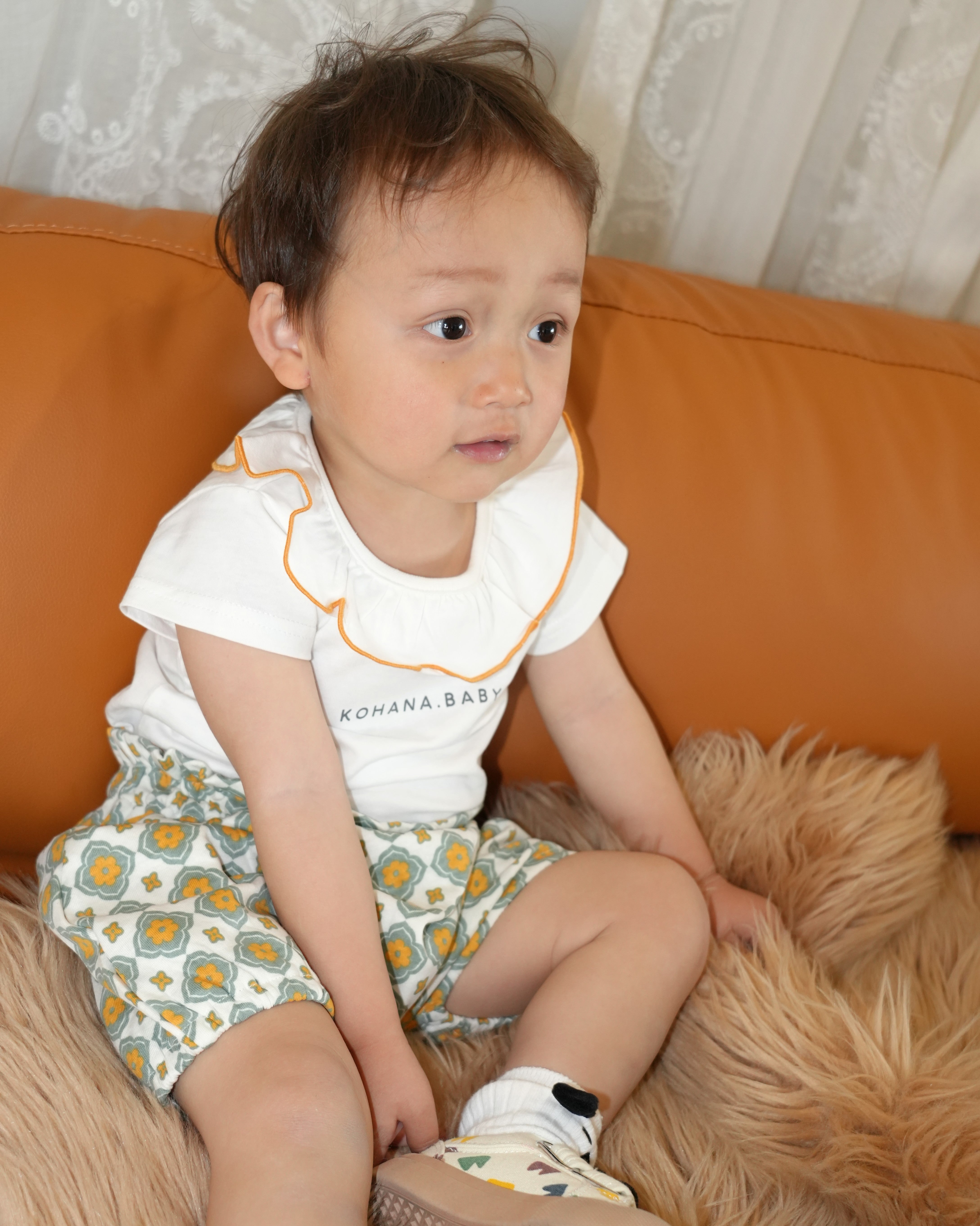 Vintage Tile Ruffle Collar T-Shirt Set【110223】 (Mustard)