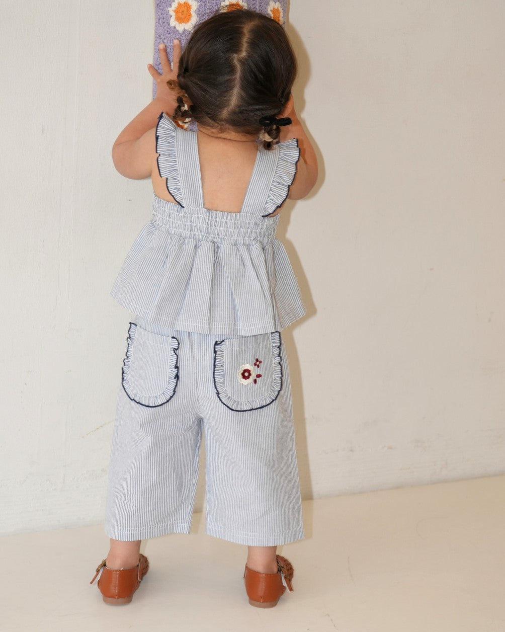 Floral Embroidered Striped Wide Pants 【110277】 (Blue)