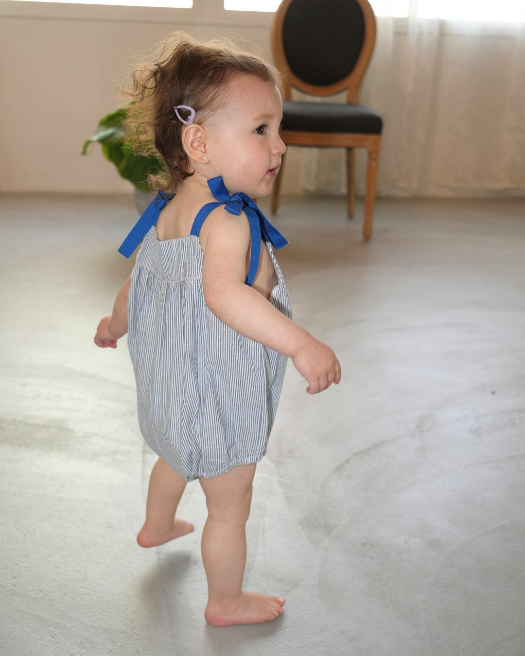 Floral Embroidered Stripe Rompers【110275】 (Blue)