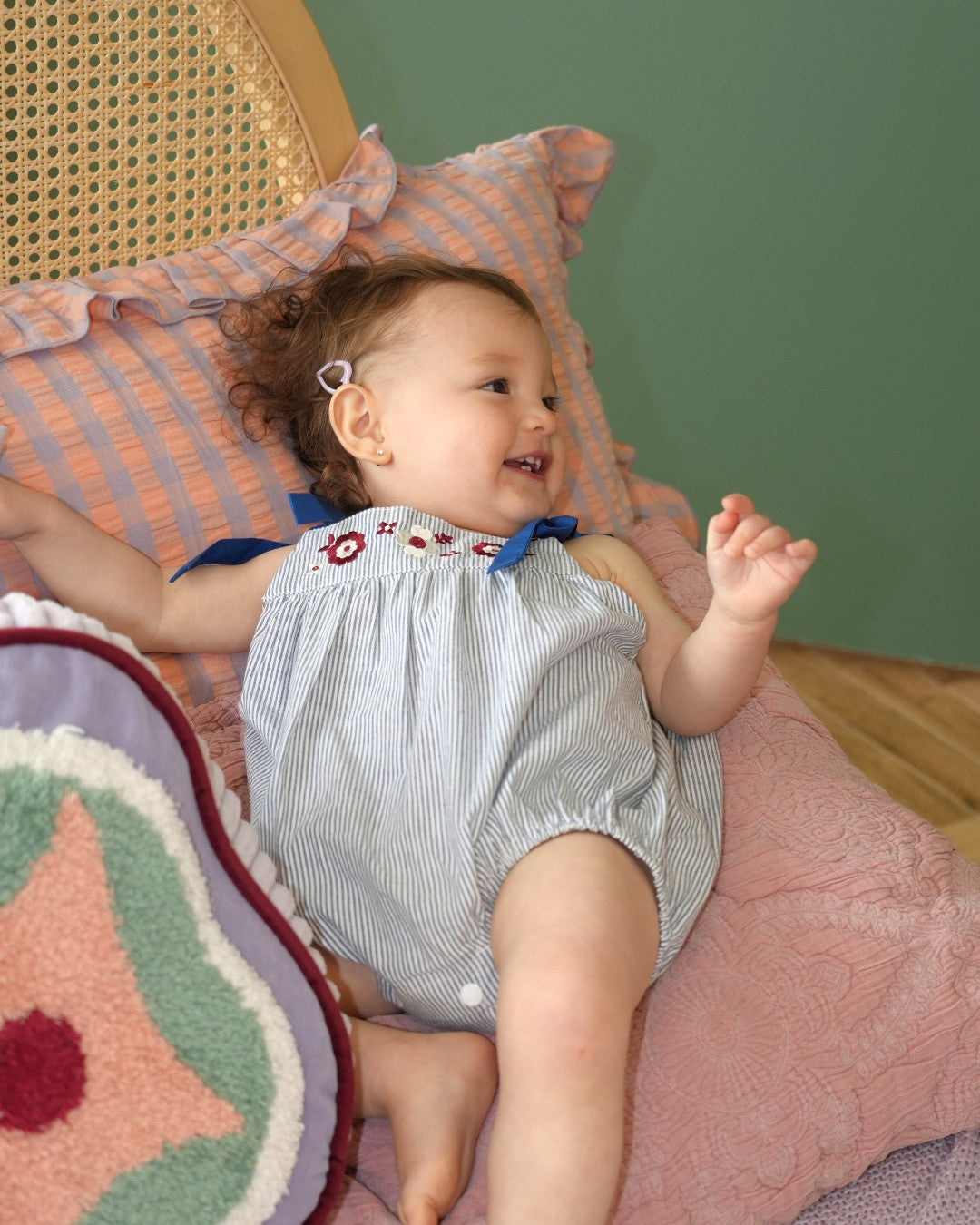 Floral Embroidered Stripe Rompers【110275】 (Blue)