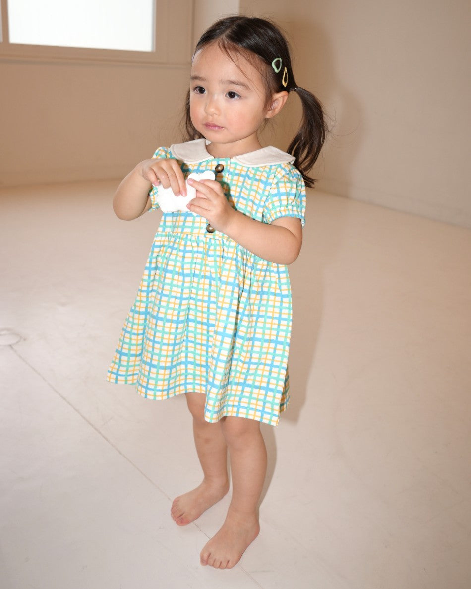 Hand Drawn Check Peter Pan Collar Dress【110230】 (Blue)