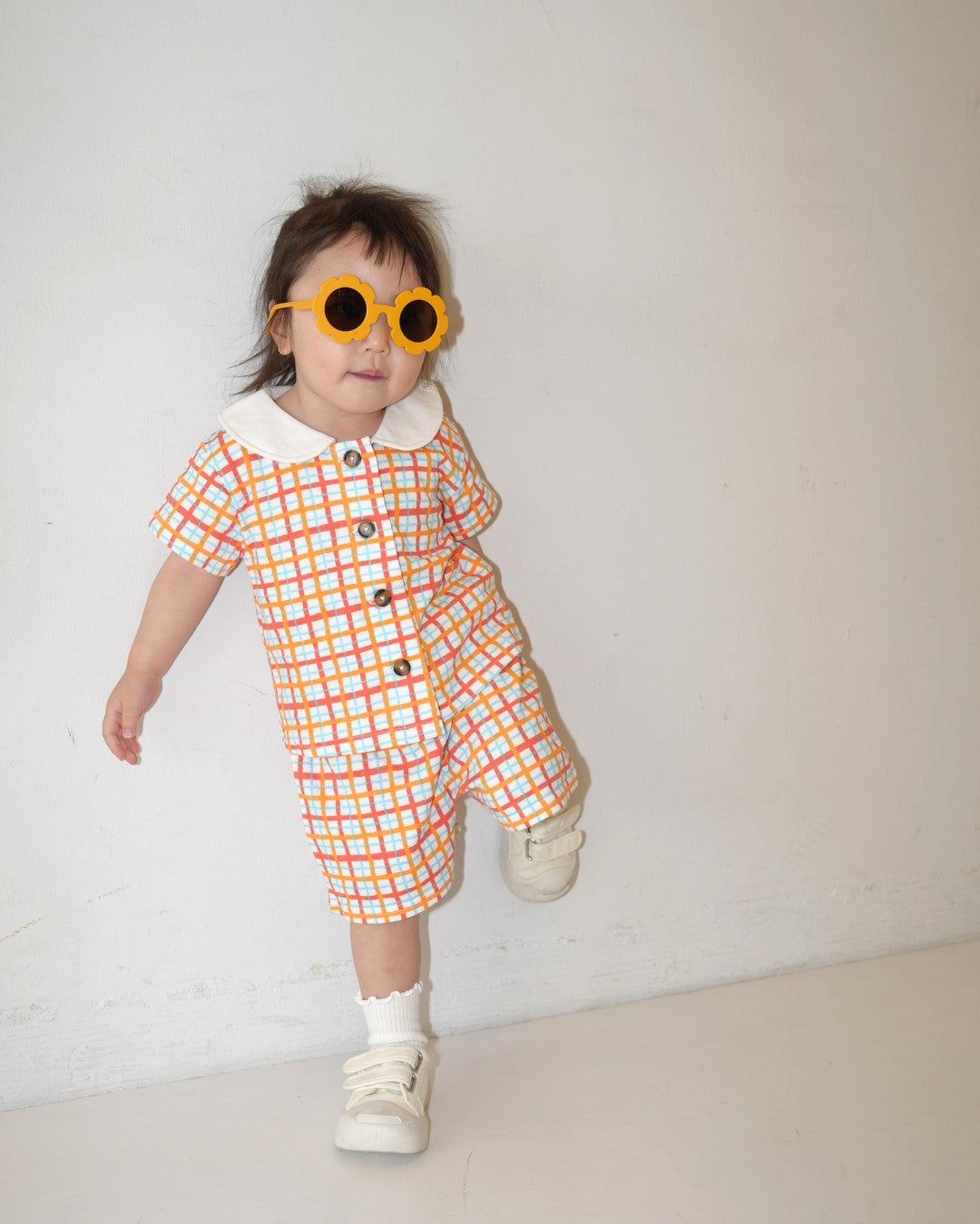 Hand Drawn Check Peter Pan Collar Set up【110231】 (Orange)