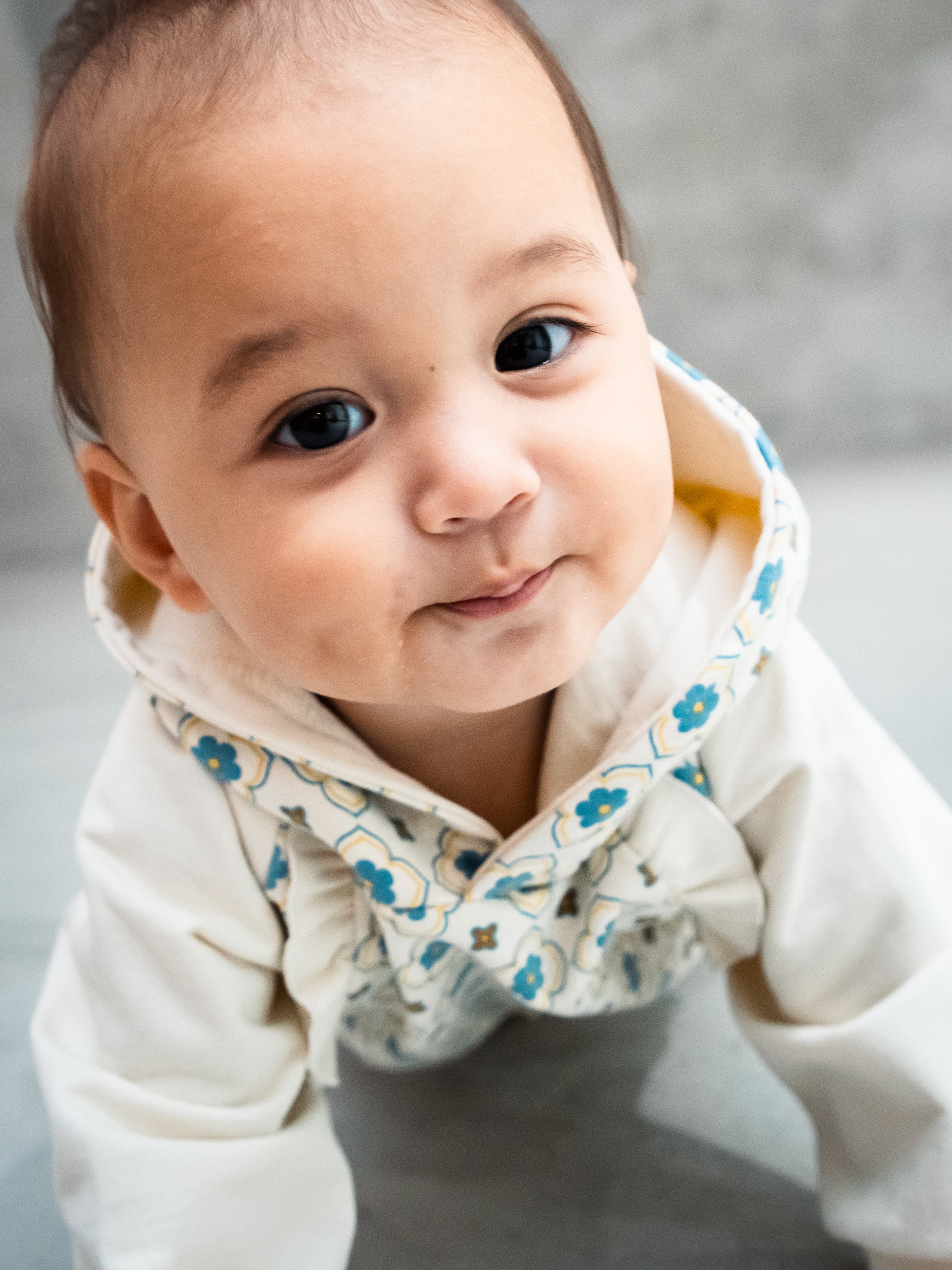 ヴィンテージタイル柄とんがりフード付きカバーオール【110097】(Blue)