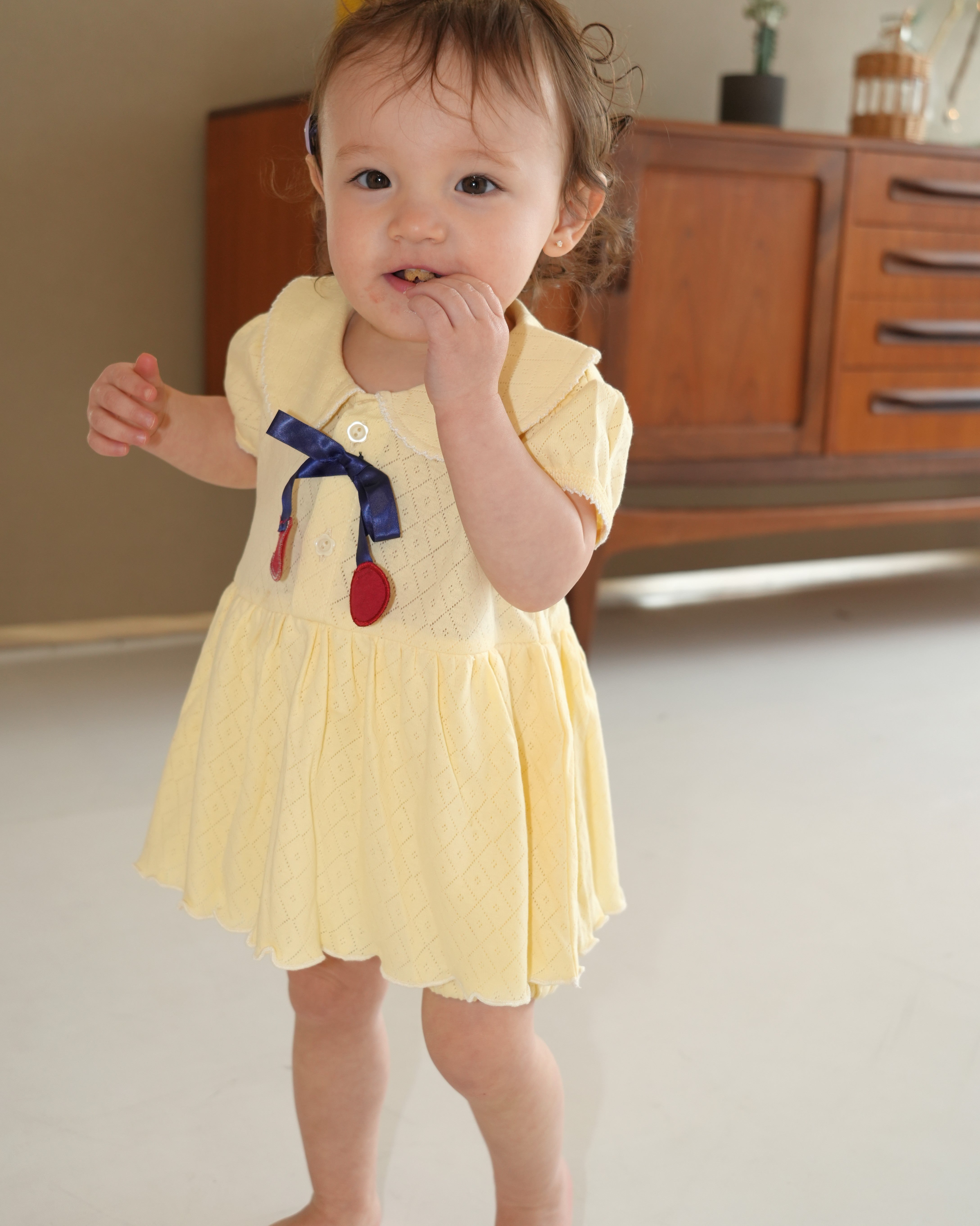 Cherry Motif Eyelet Rib Skirt Rompers【110241】 (Yellow)