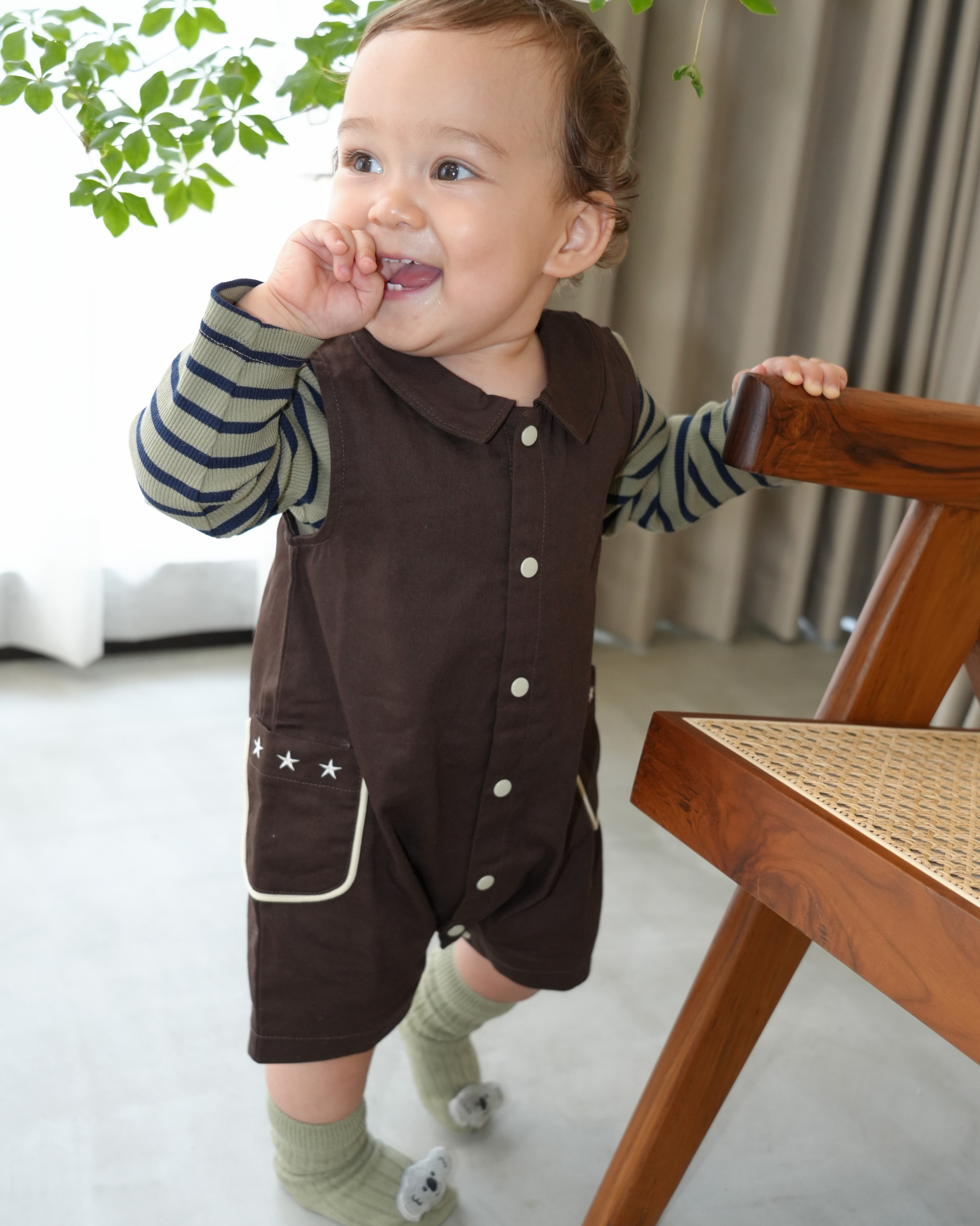 Star Embroidered Pocket Front-Open Overalls【110419】 (dark gray)