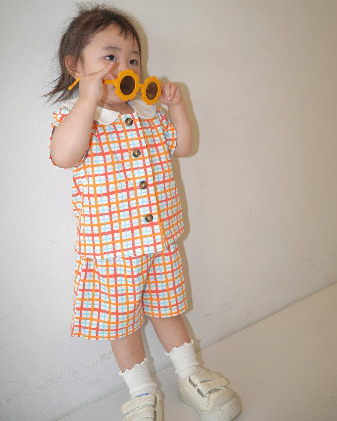 Hand Drawn Check Peter Pan Collar Set up【110231】 (Orange)