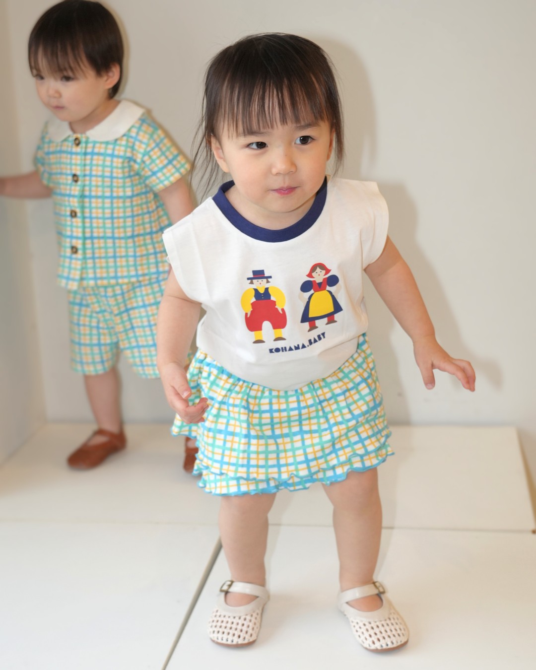 Hand Drawn Check Gathered Skirt【110234】 (Blue)