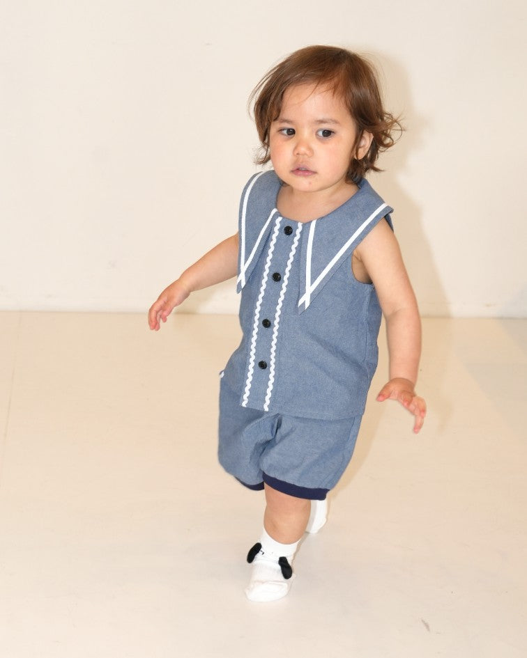 Dungaree Seagull Embroidered Sleeveless Shirt 【110263】